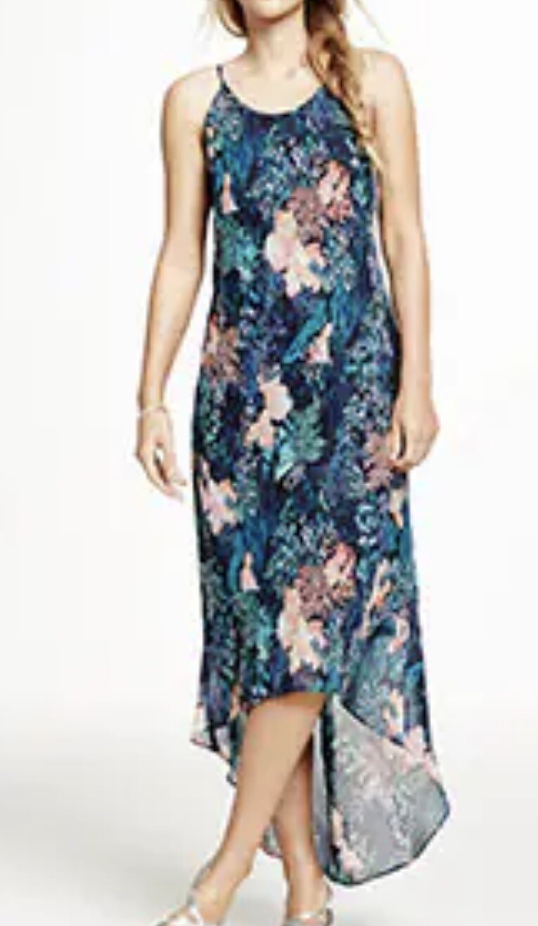Old Navy Dress Blue Tropical Floral Silky Chiffon Hi-Lo Midi Beach Size XS Women