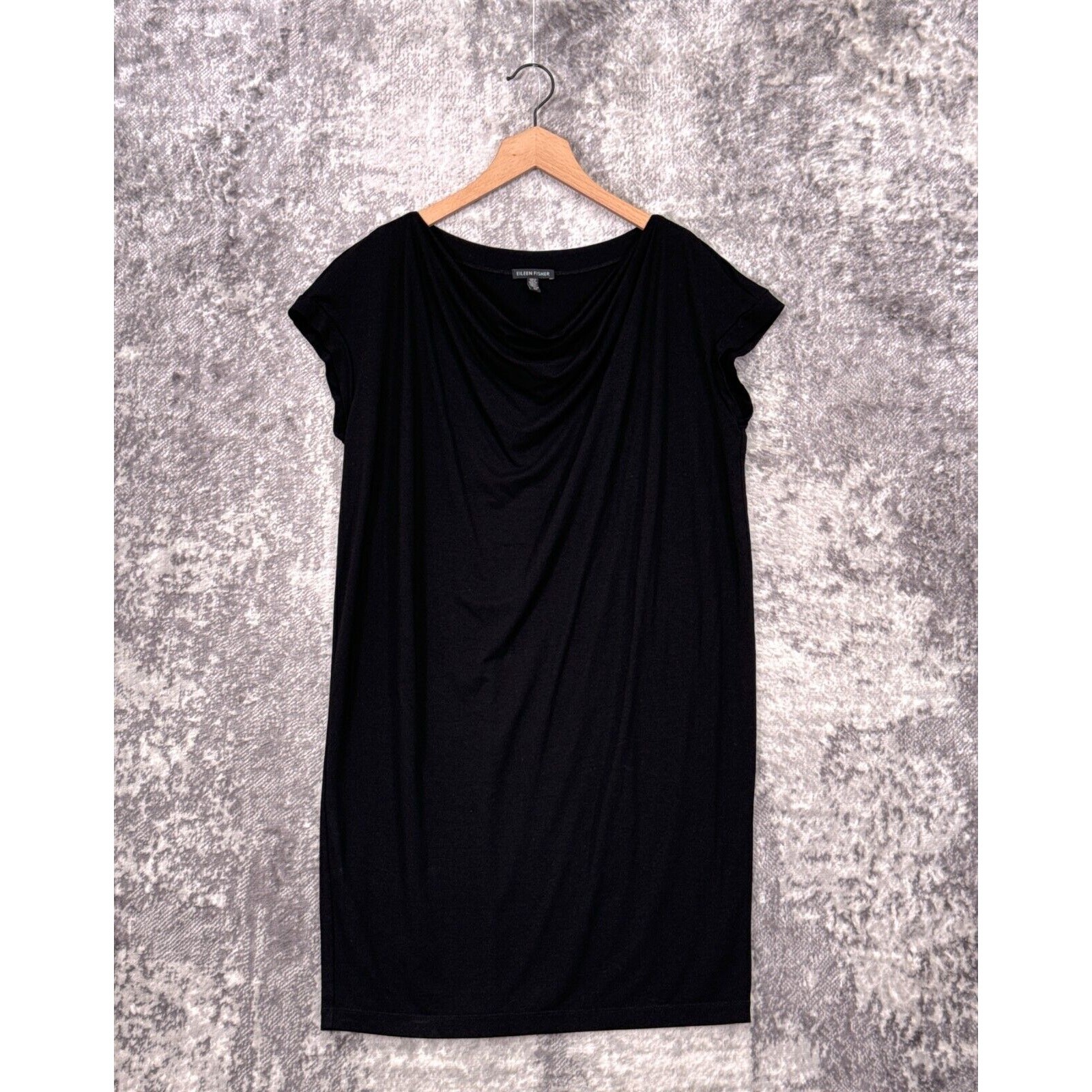 Eileen Fisher Dress Small Womens Black Drape Neck Short Sleeve Shift Mini