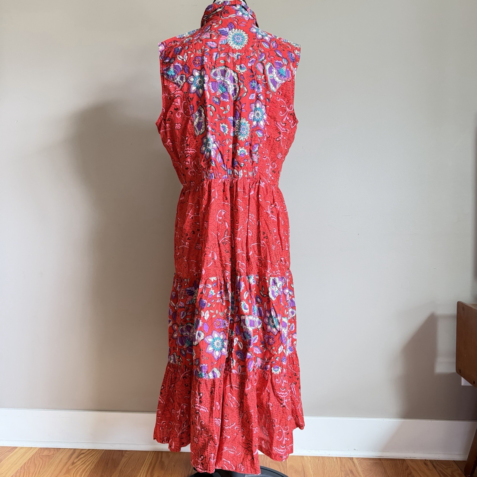 90s Red Floral Paisley Button Front Maxi Dress PL Peasant Boho Western Whimsy