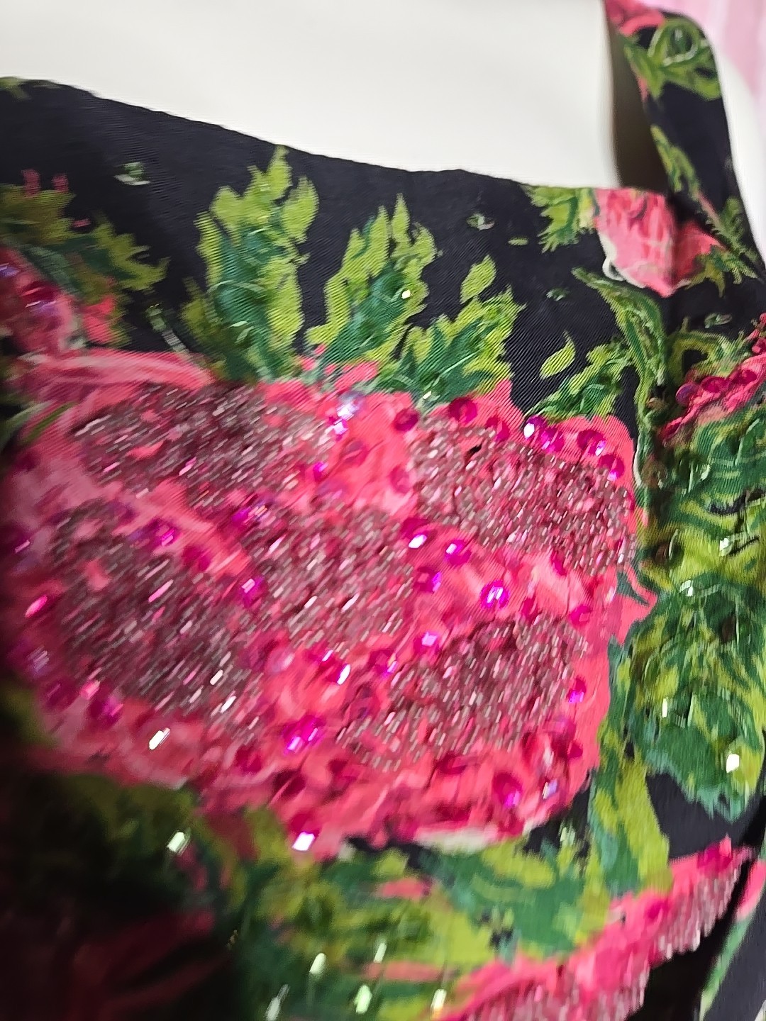 Lee Claire Vintage Green Pink Exquisite 60’s Beaded Floral Dress Size Small