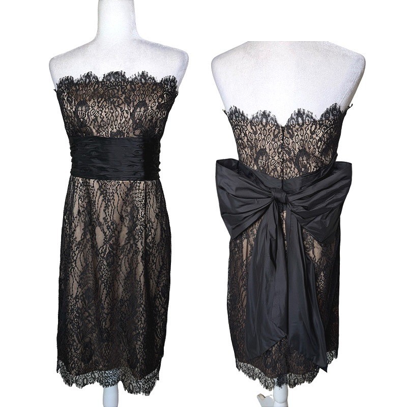 Lauren Ralph 14 Black Lace Strapless Cocktail Dress Satin Bow Coquette Weddings