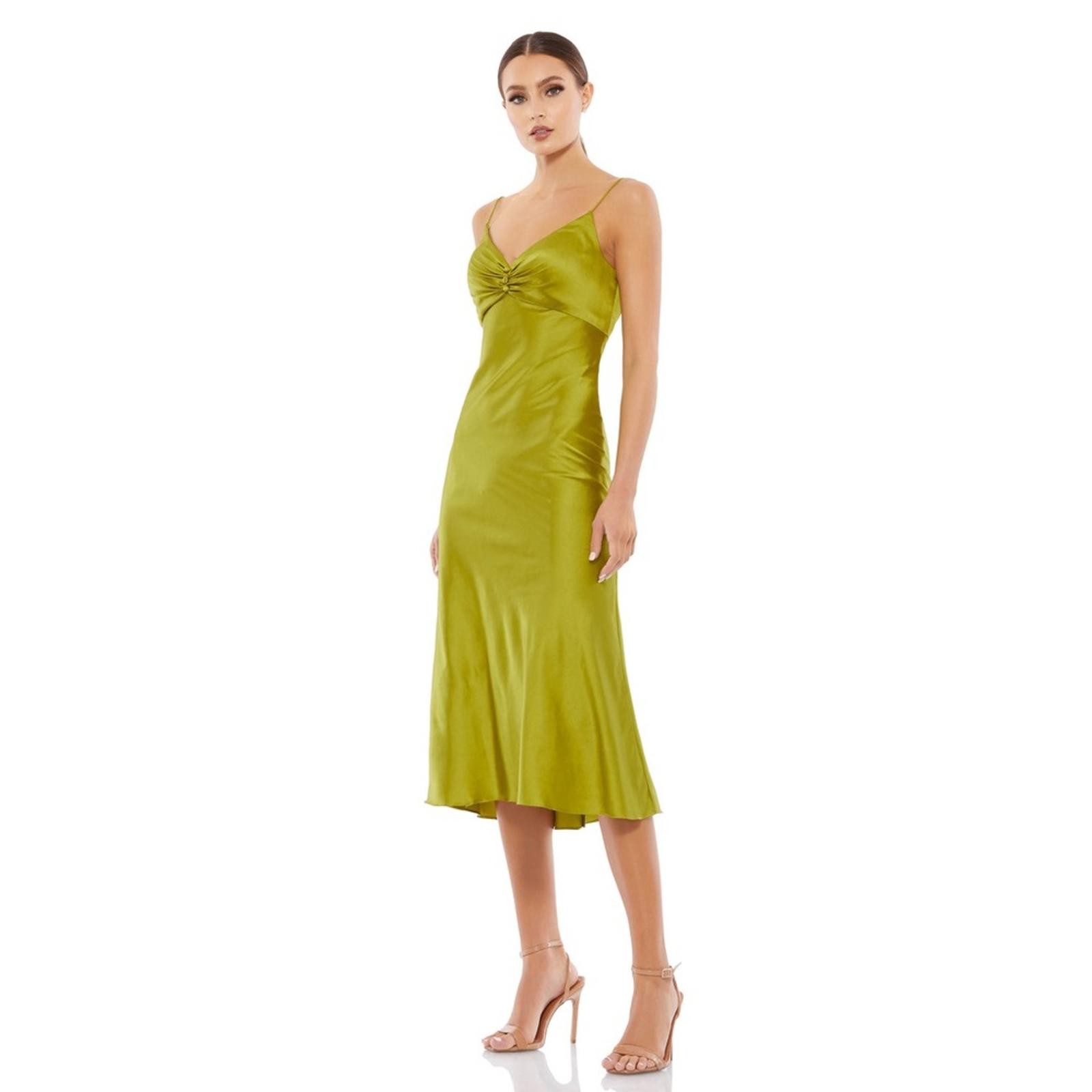Mac Duggal Green Spaghetti Strap Charmeuse Slip Dress Size 6 Midi Cocktail NEW