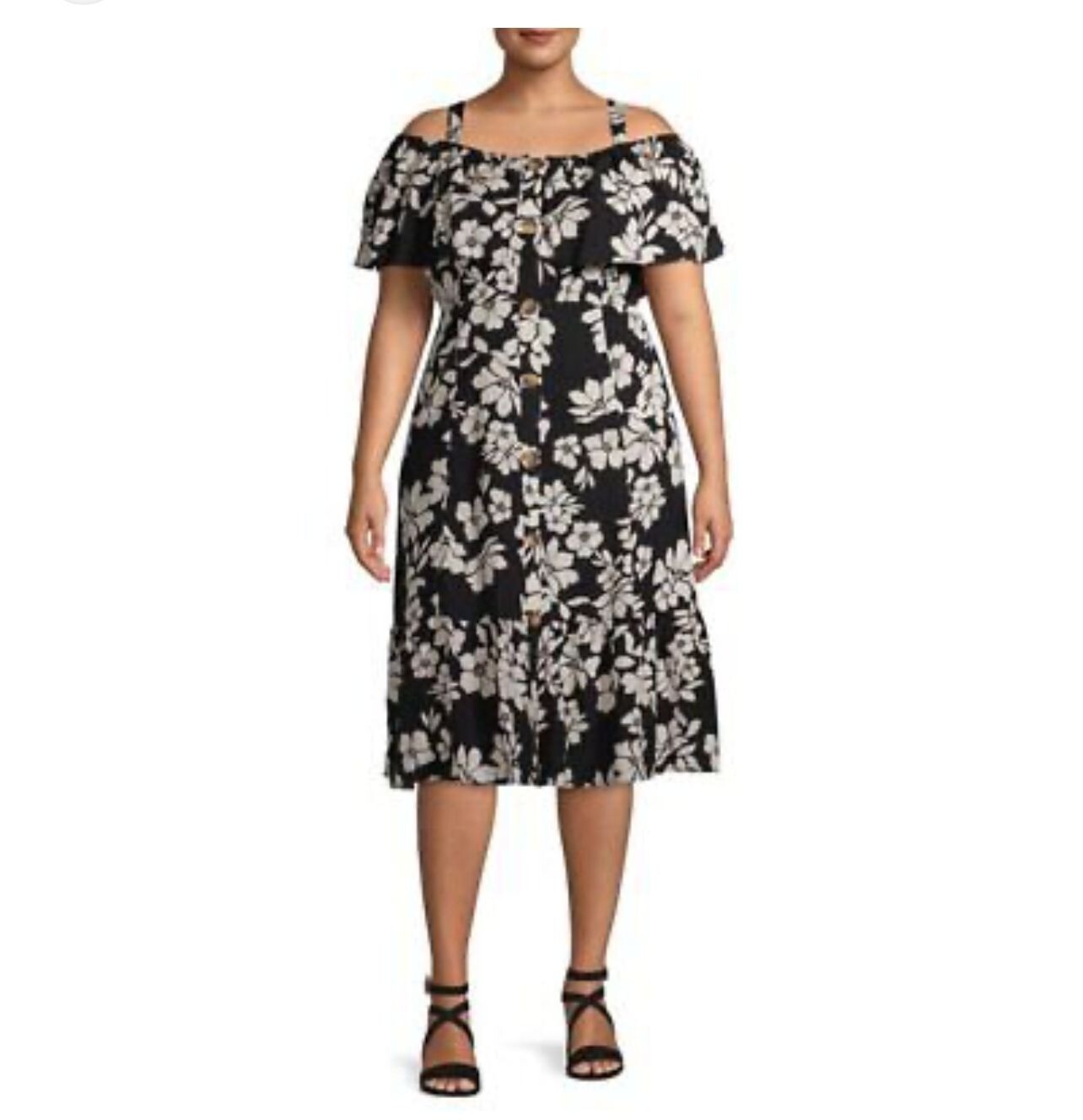 Terra & Sky 4X Black Floral Midi Dress Ruffle Off the Shoulder Linen Cotton Rayo