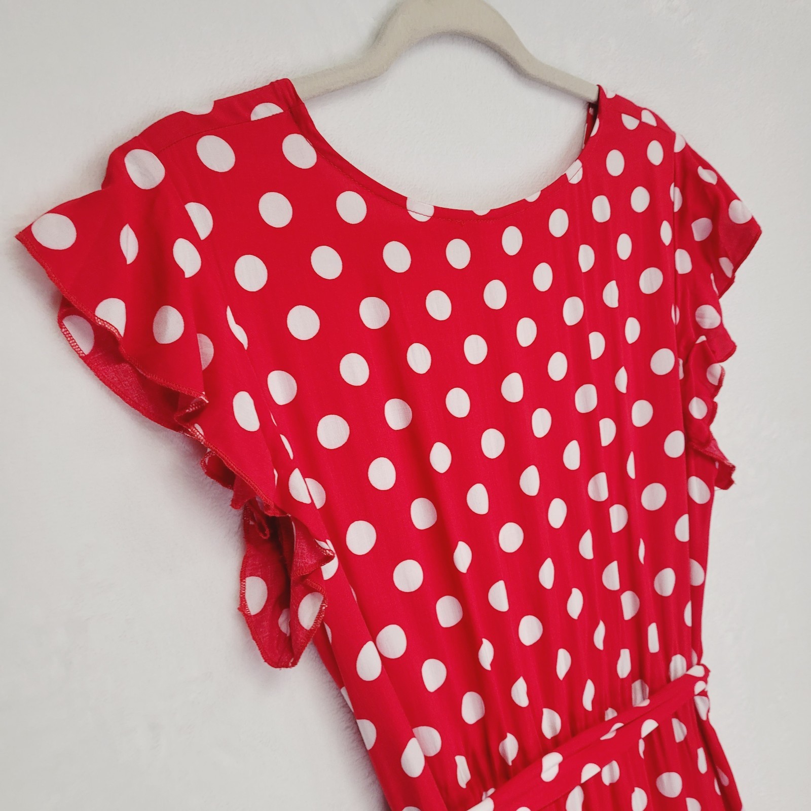 Red Polka Dot Faux Wrap Surplice Maxi Dress M Hi Low Ruffle Romantic Retro Femme