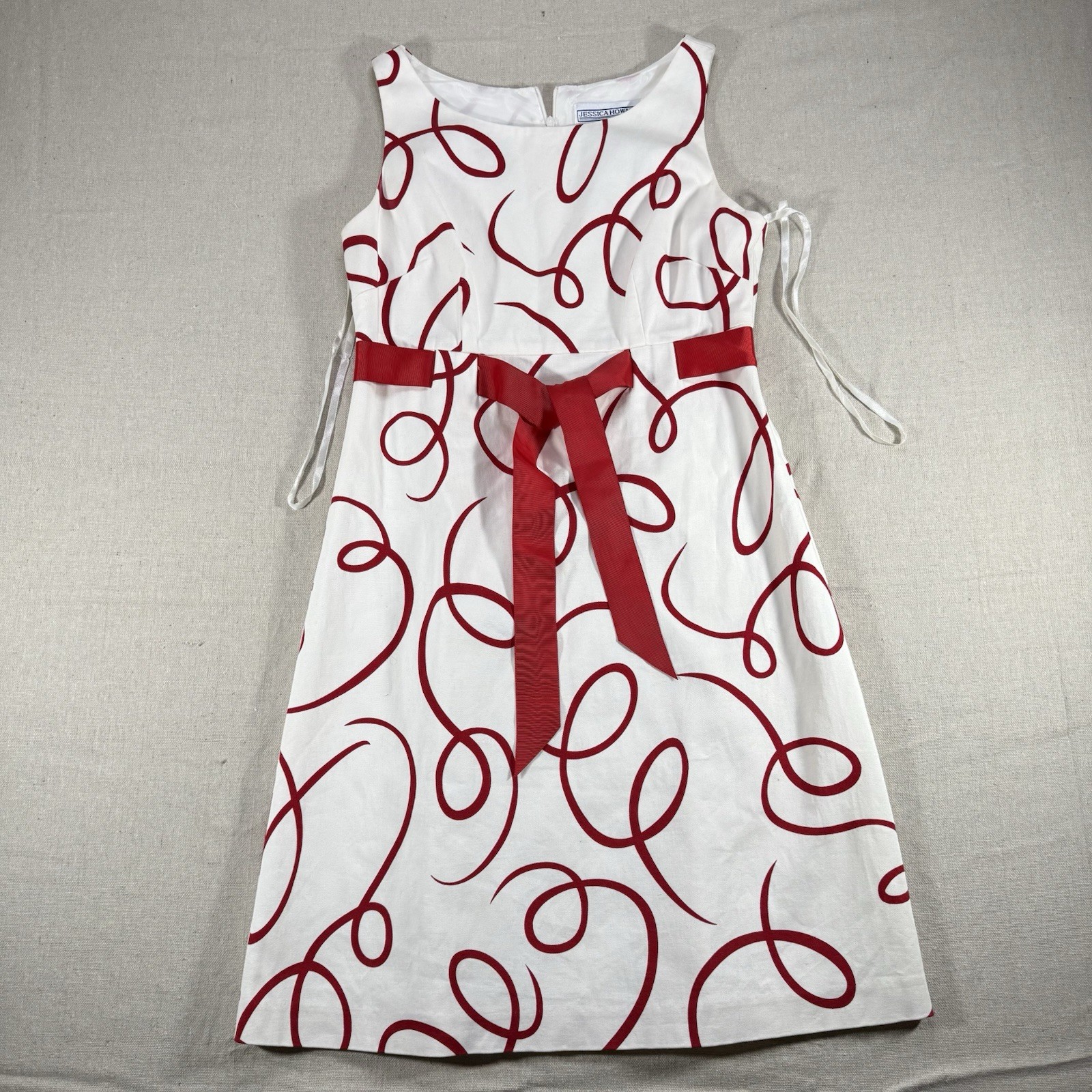 Jessica Howard Womens Size 6 White Red Swirl A Line Dress Sleeveless Belted Midi