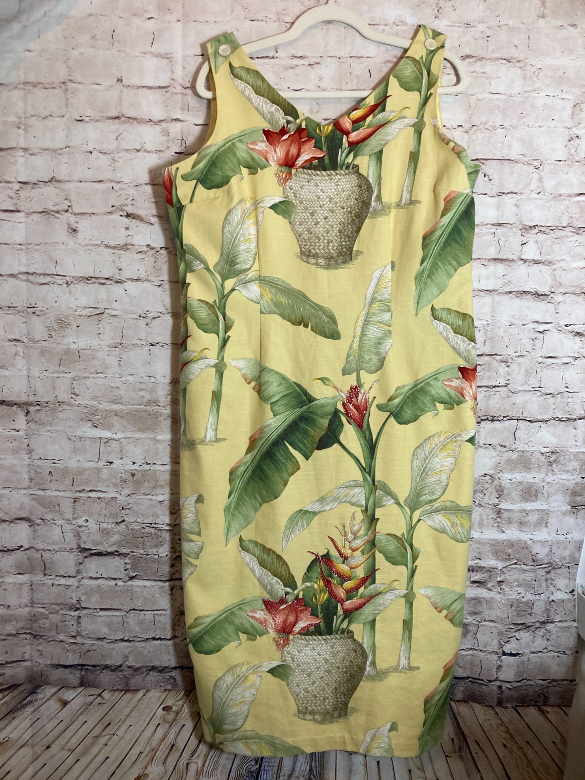 Vintage Ultra Pencil Dress 16 Yellow Tapestry House Plant Print Beaded Midi Plus