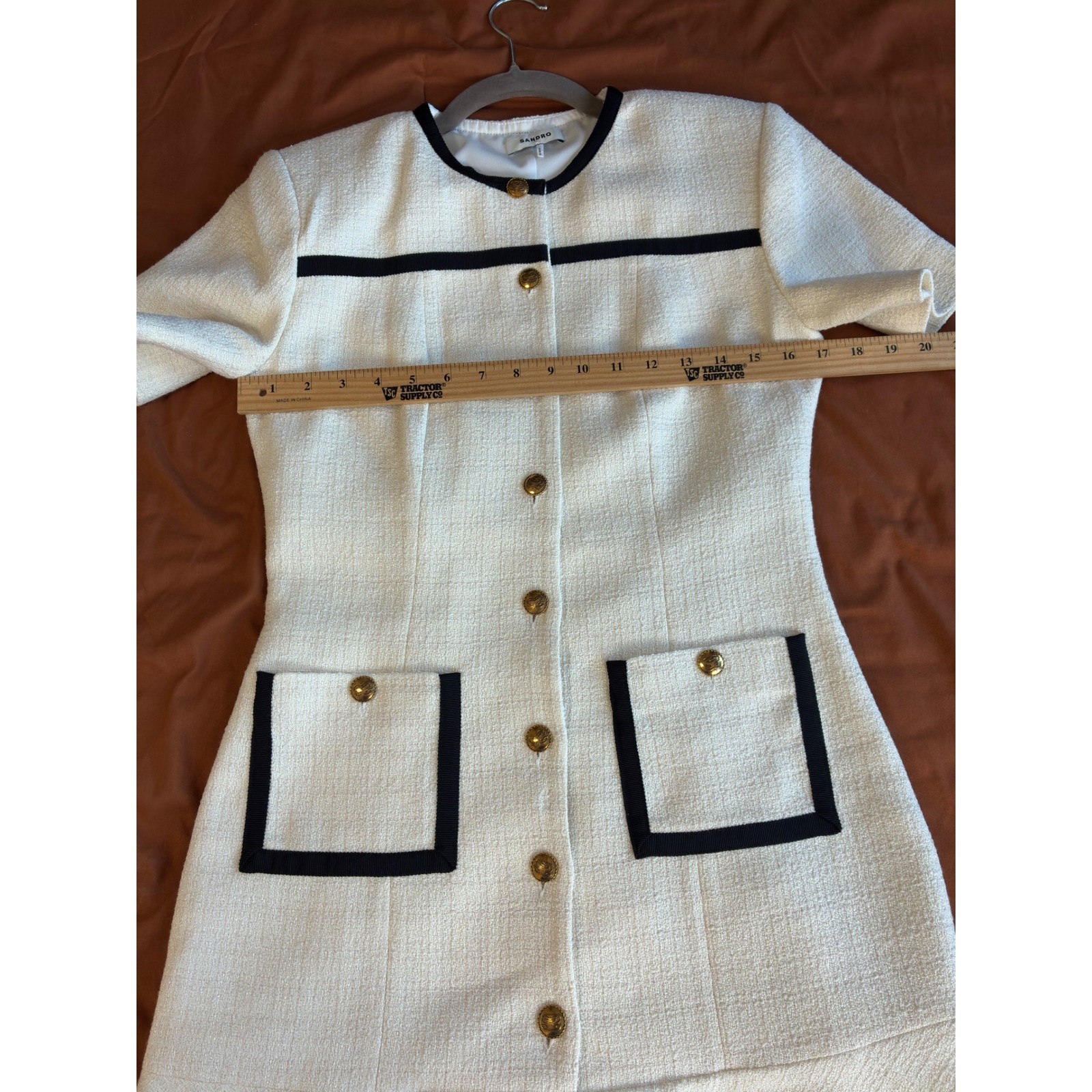Sandro Paris Ecru Tweed Mini Dress Contrast Trim Gold Buttons SFPRO02890 Size 1