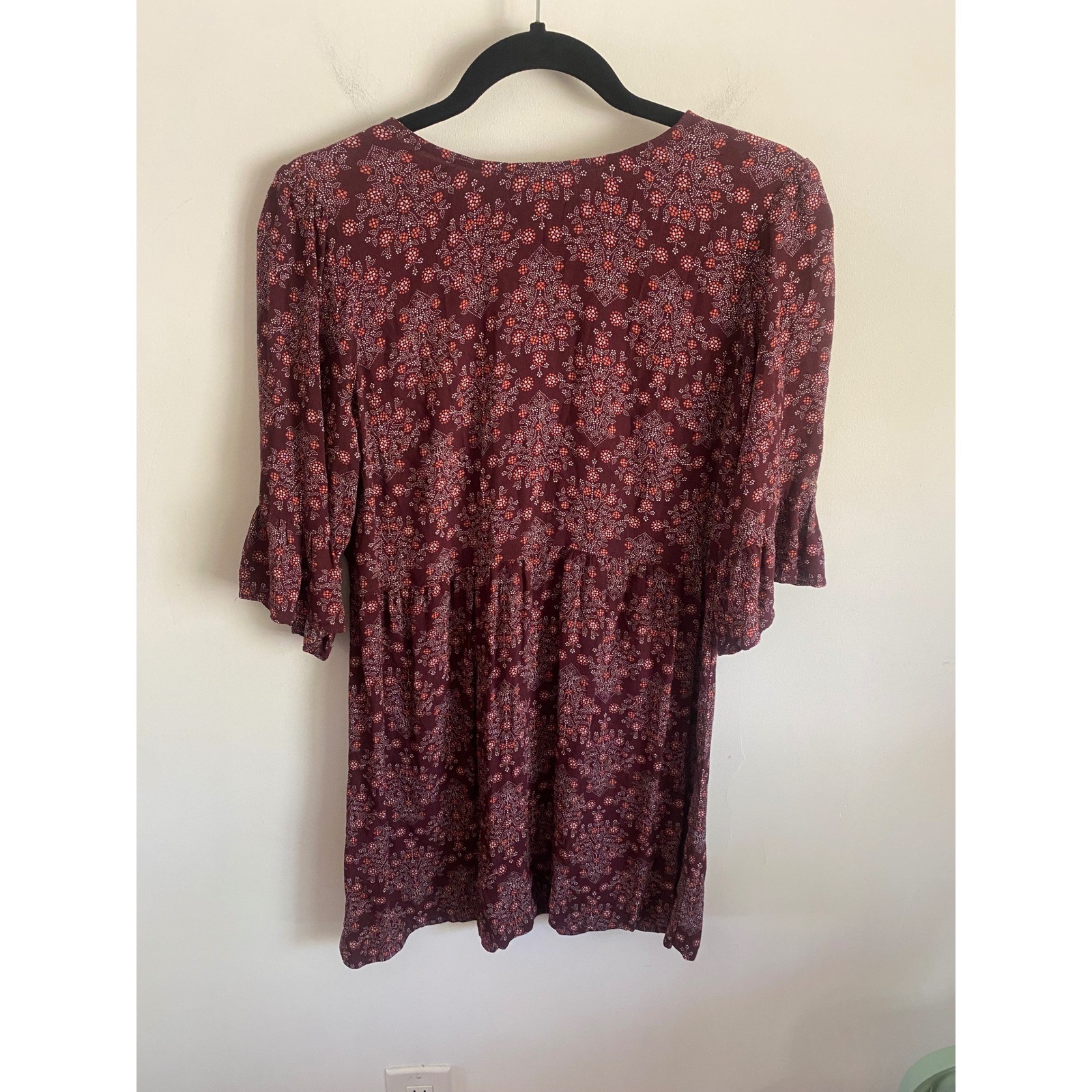 Burgundy Floral Medallion Babydoll Dress 3/4 Ruffle Sleeve Scoop Neck Casual