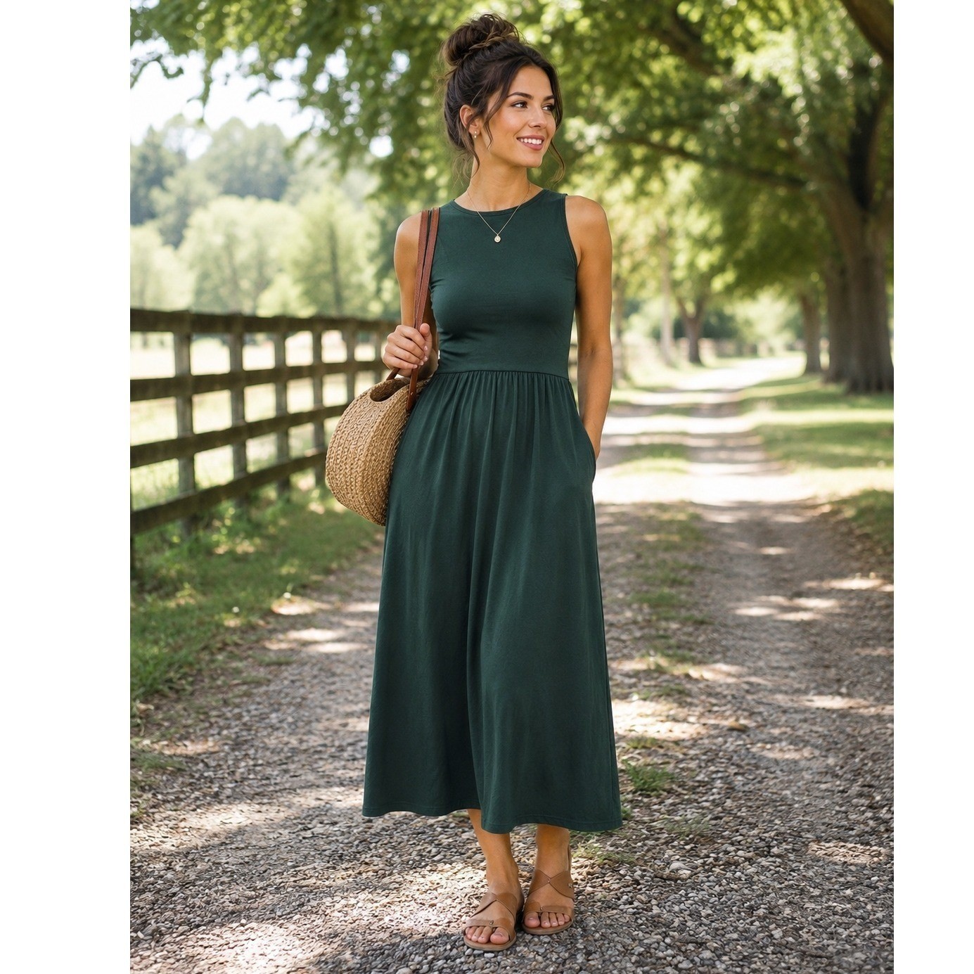 BTFBM Womens Forest Green Sleeveless Ruched Waist Maxi Dress 7860 8503 Medium