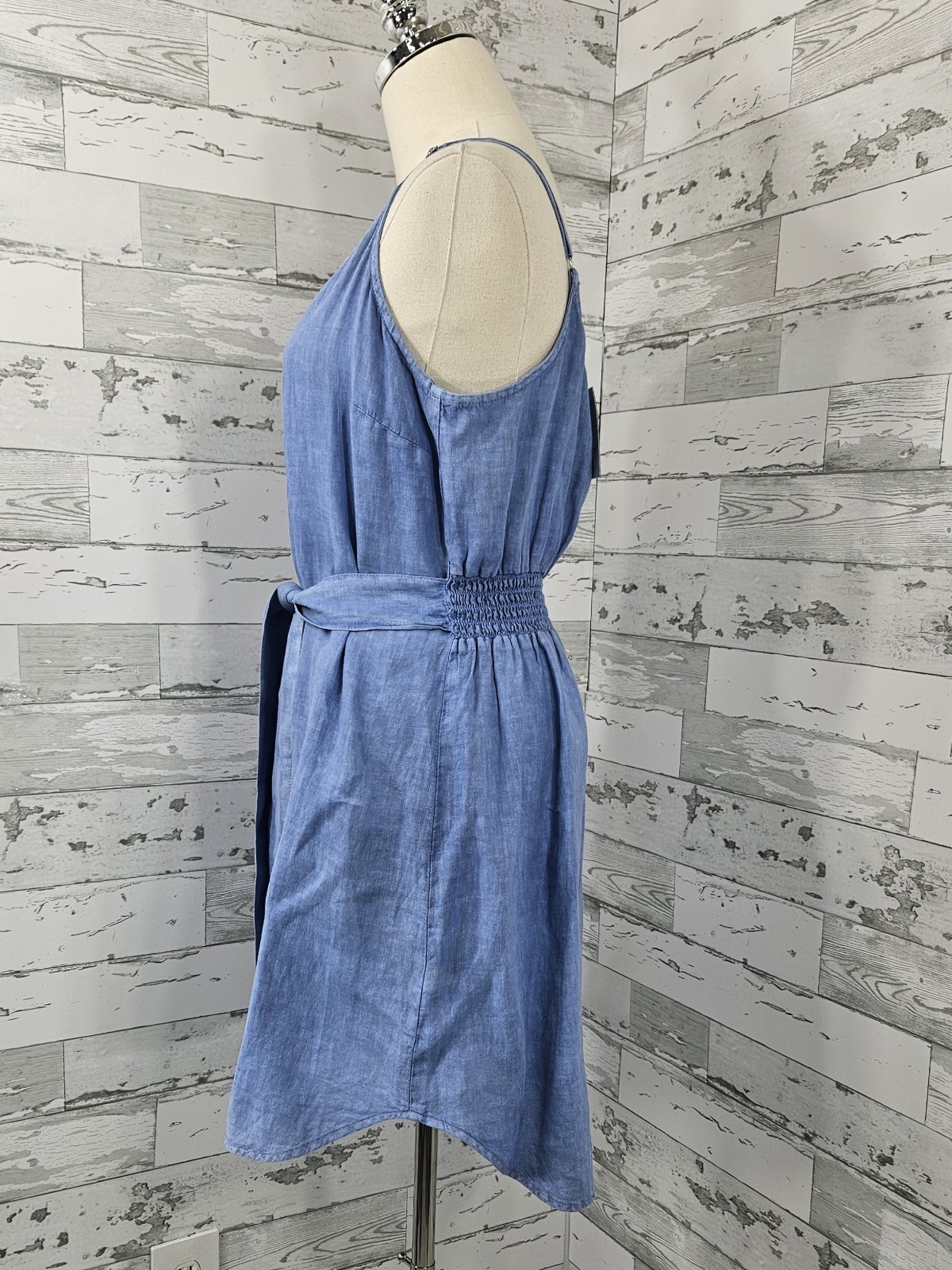 Bella Dahl Belted Smocked Back Linen Dress Womens Medium Blue
