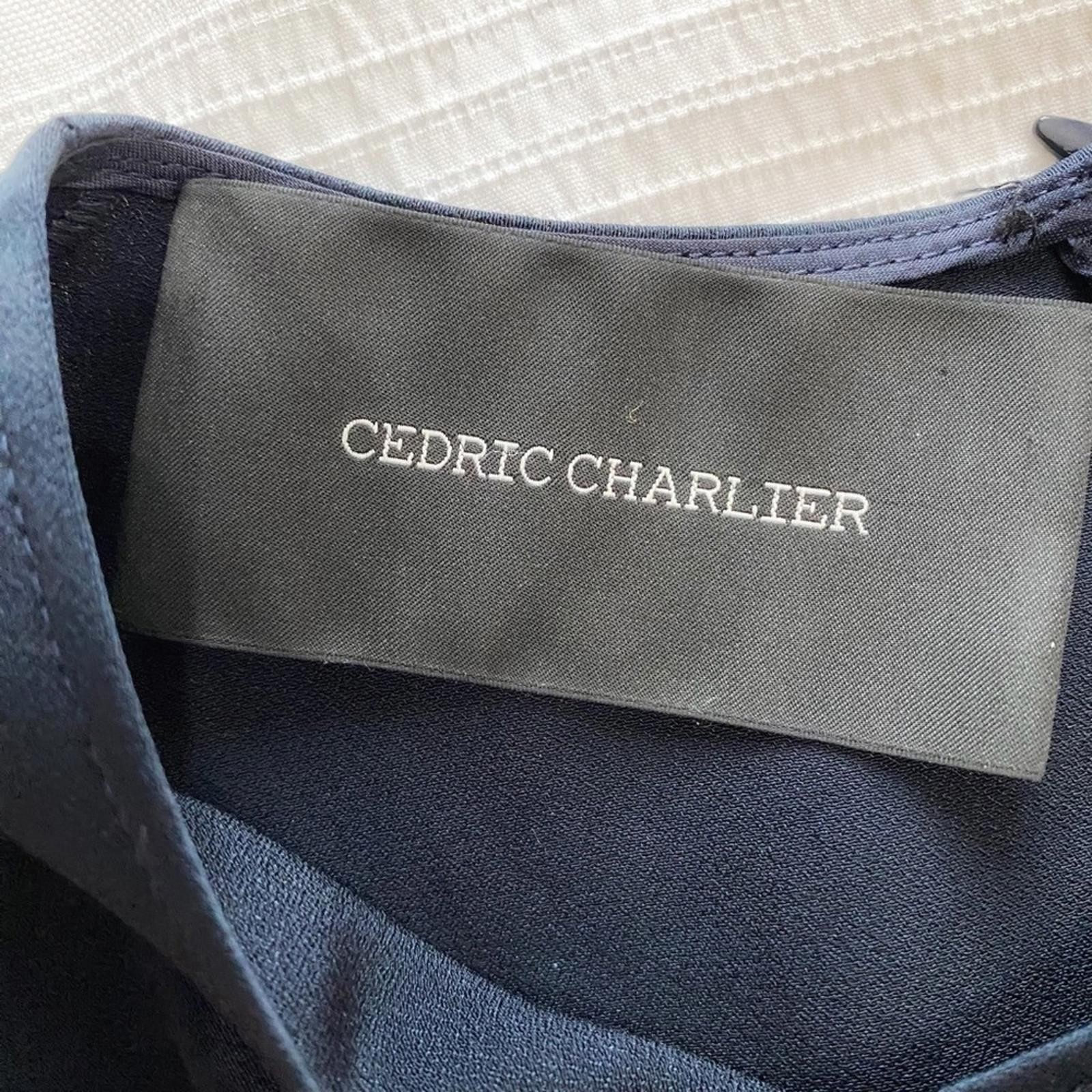 CEDRIC CHARLIER SILK BLEND NAVY SATIN VELVET COMBO LONG SLEEVE A-LINE DRESS – 8