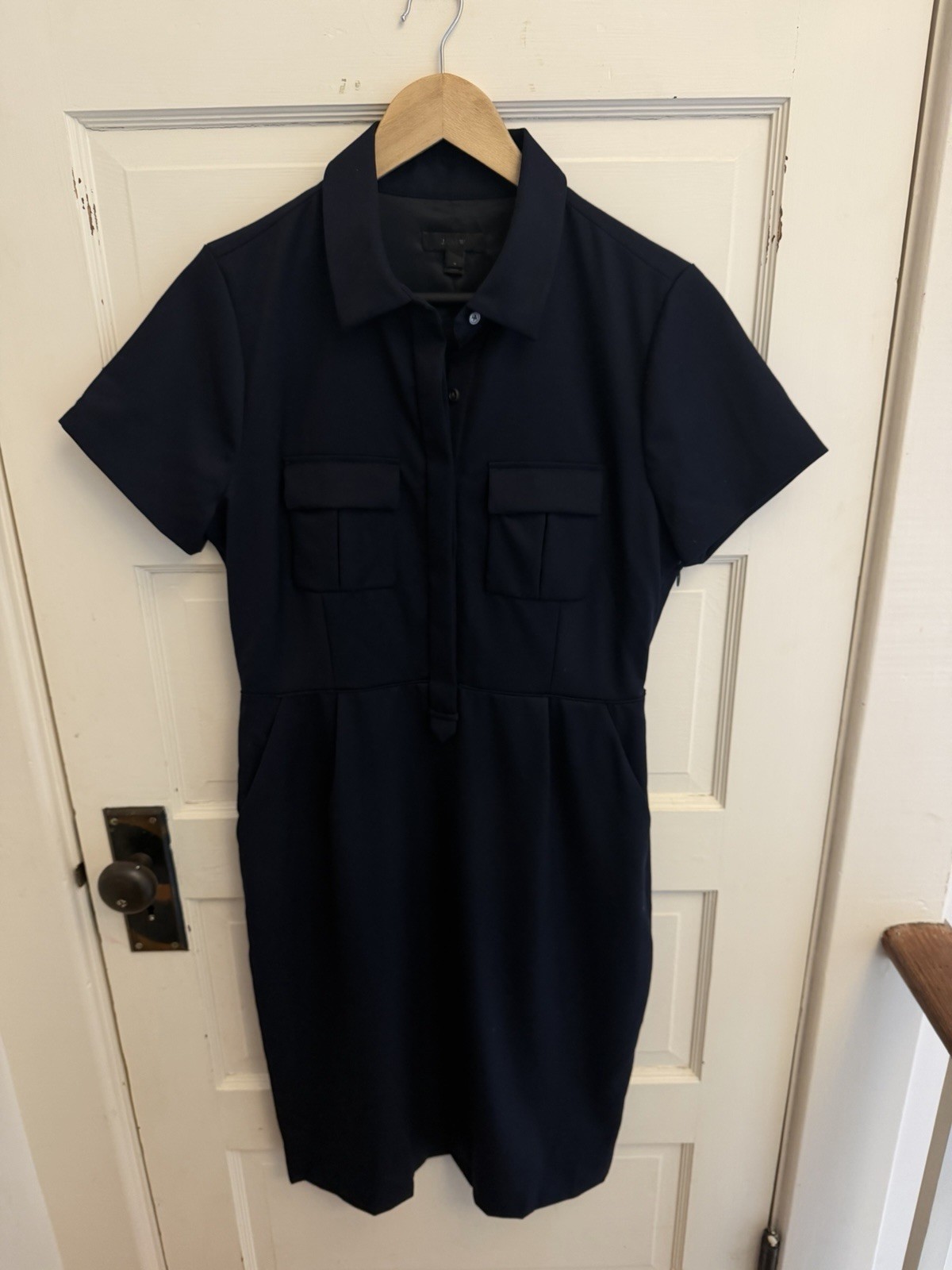 J. Crew Women’s Navy 100% Wool Sheath Dress Collared Pockets Lined Size 8