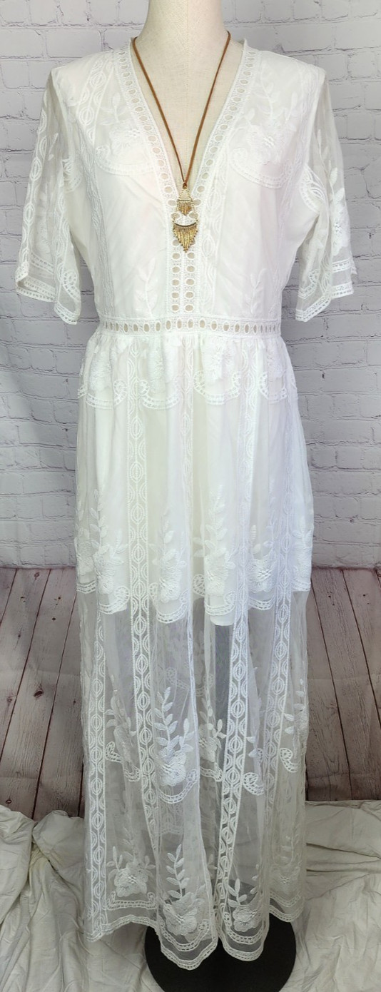 Boho Dress Romantic Sheer Lace Lined Side Slits Wedding Hippie Coquette Size S