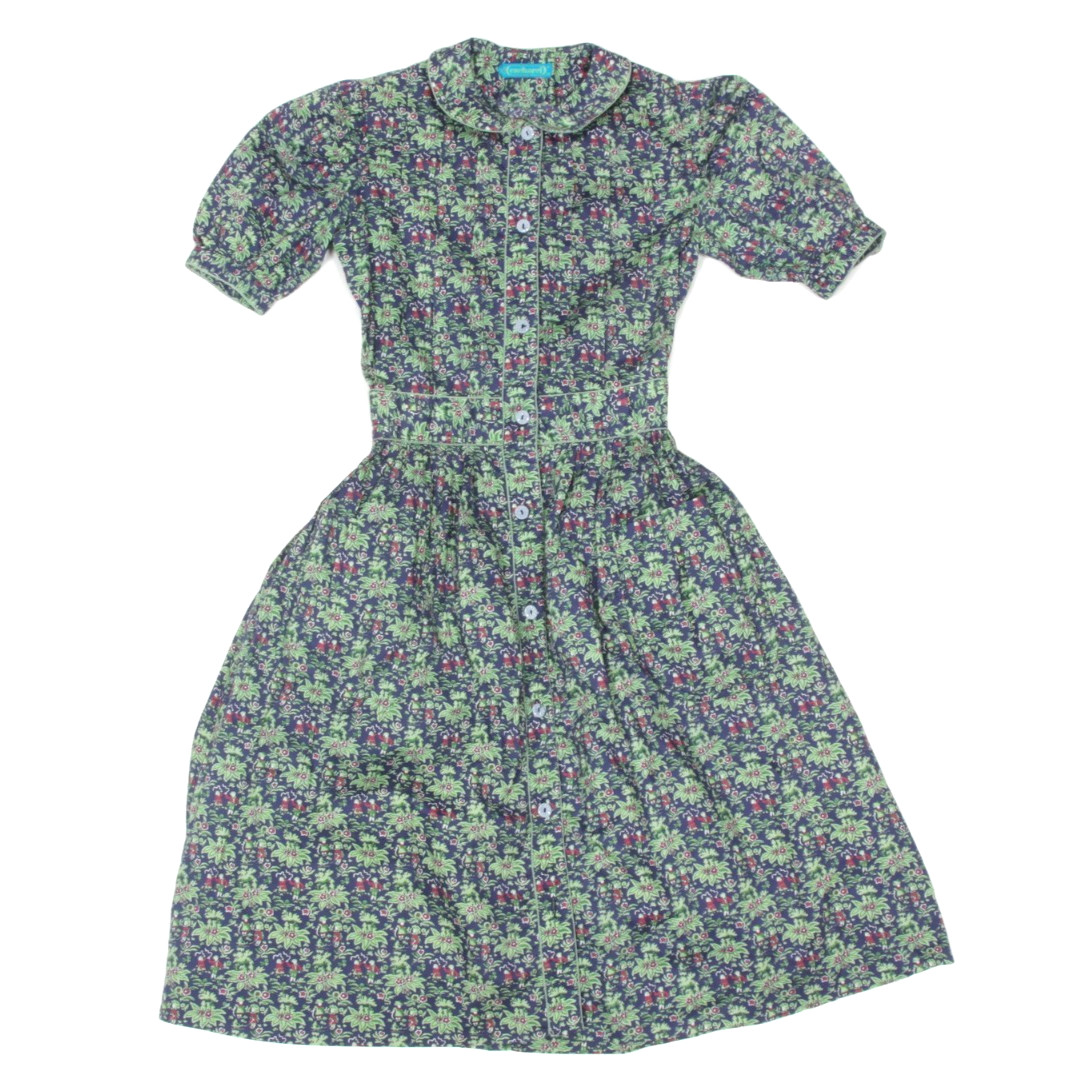 cacharel Vintage Floral Folk Children Playing Blue Peter Pan Collar Dress XS 133