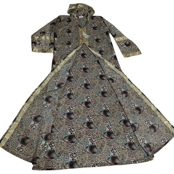 Dhaksh Paisley Print Hooded Kaftan Maxi Dress One Size S/M Tribal Aztec Satin