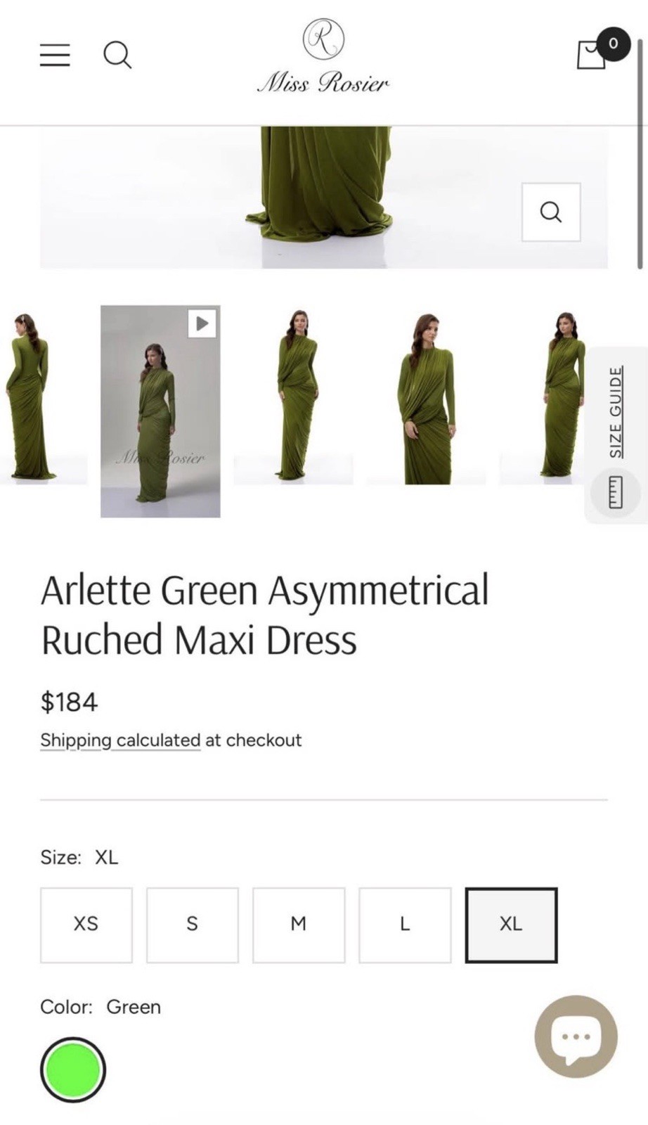 Miss Rosier Arlette Green Ruched Asymmetric Maxi Dress High Neck Long Sleeve XL
