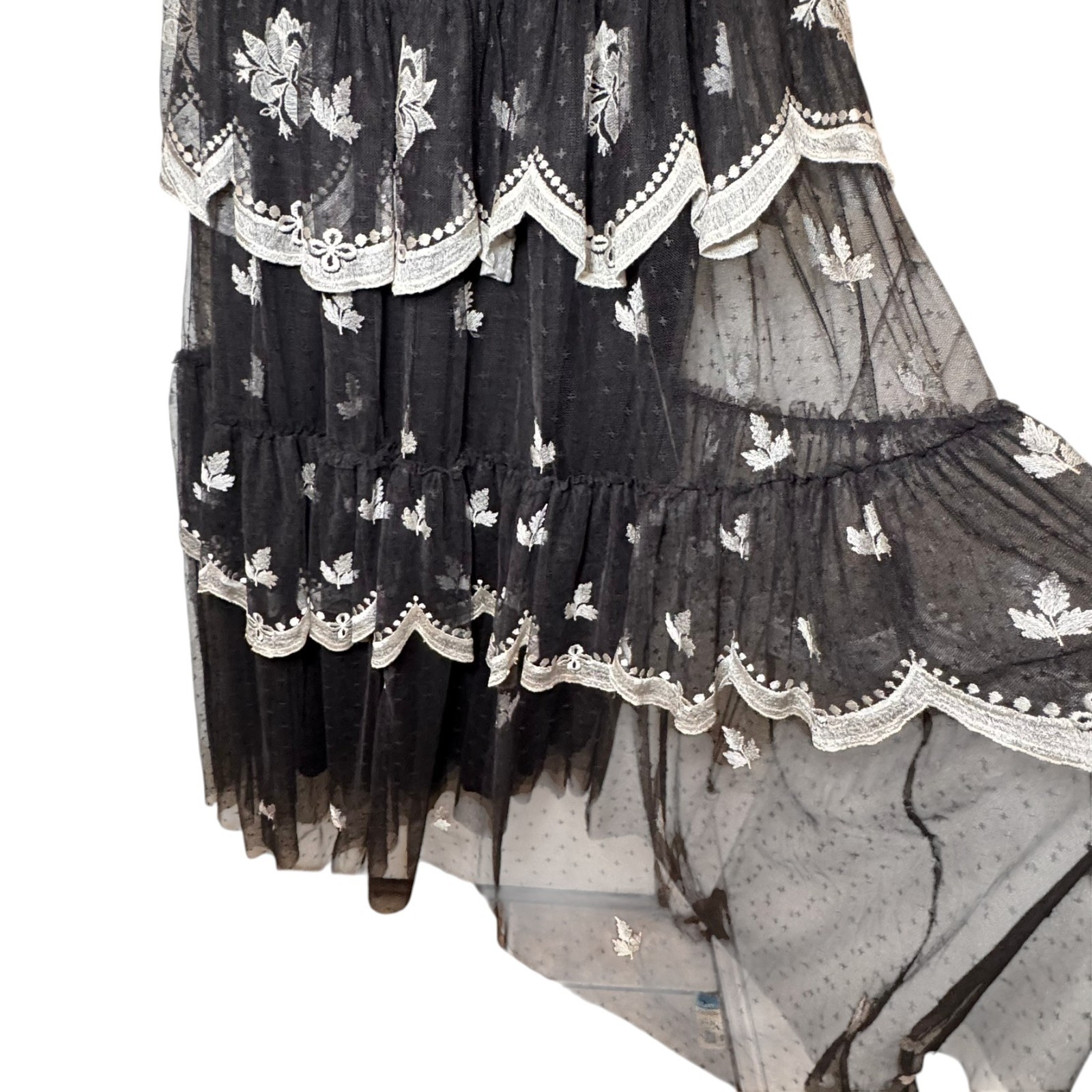 Needle & Thread Amber Petal Embroidered Tiered Lace Dress/Gown Black US 6