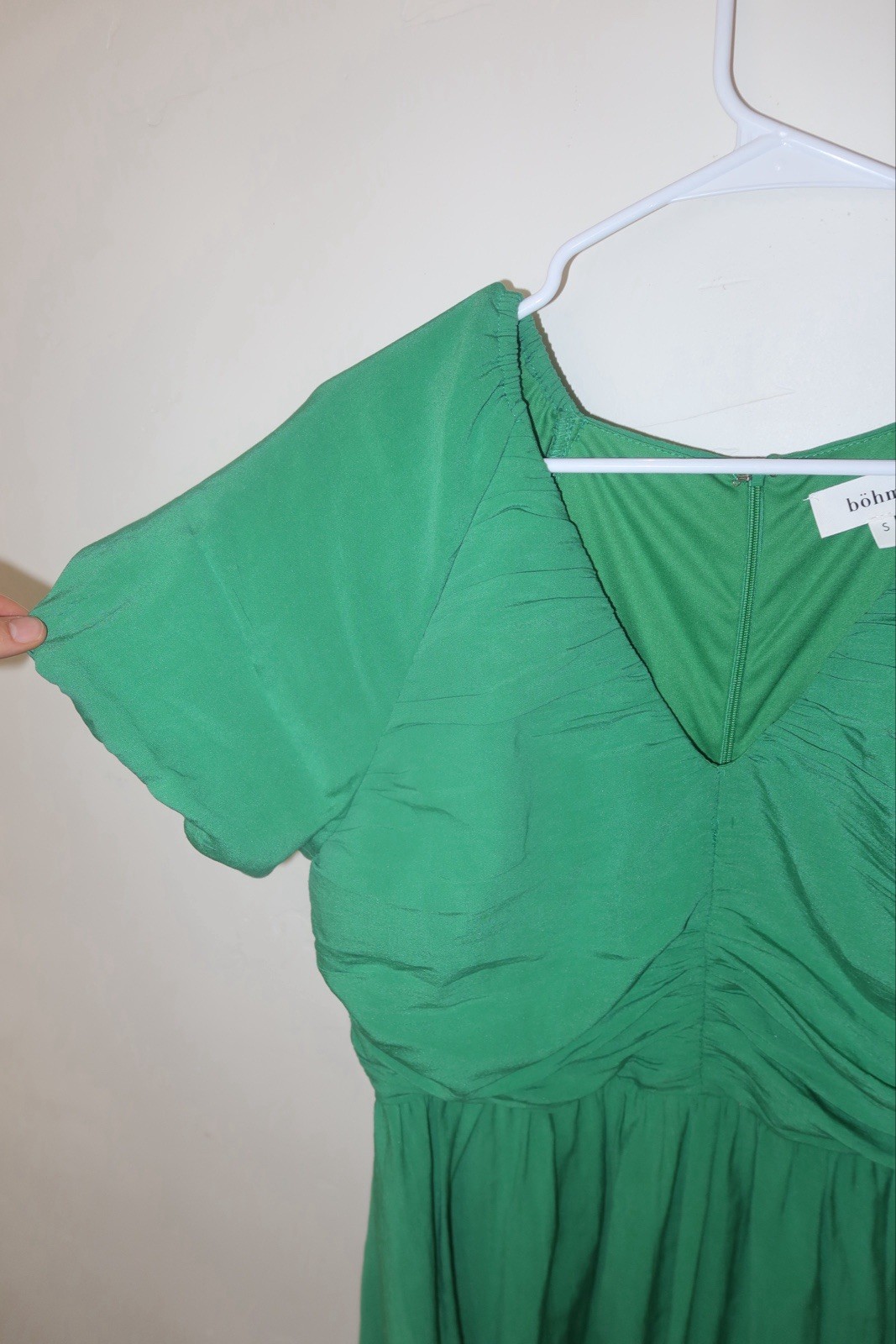 böhme Green Solid Ruched V-Neck Puff Short Sleeve Zip Knee Dress Size S