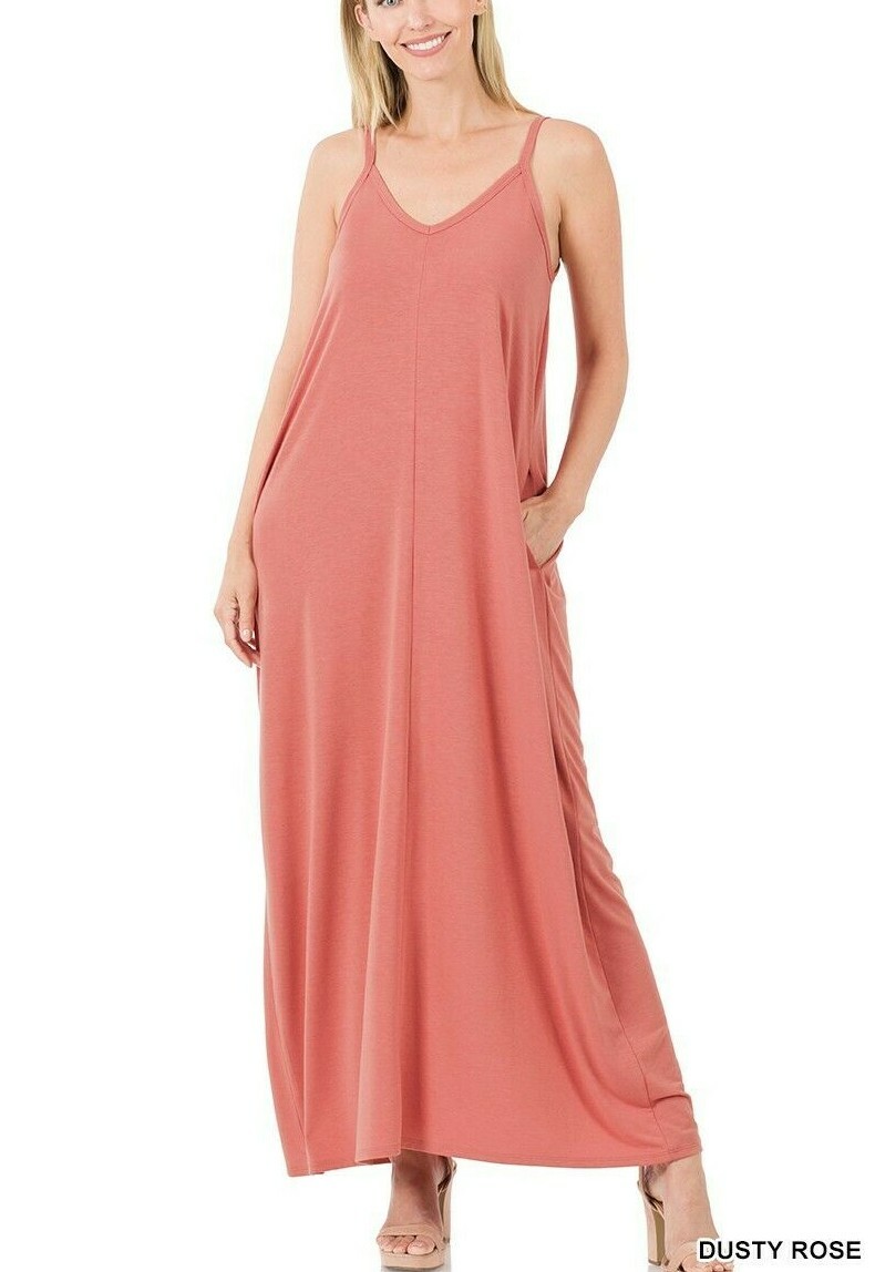 Zenana Cami Maxi Dress Adjustable Straps Loose Fit Side Pocket 1X 2X 3X