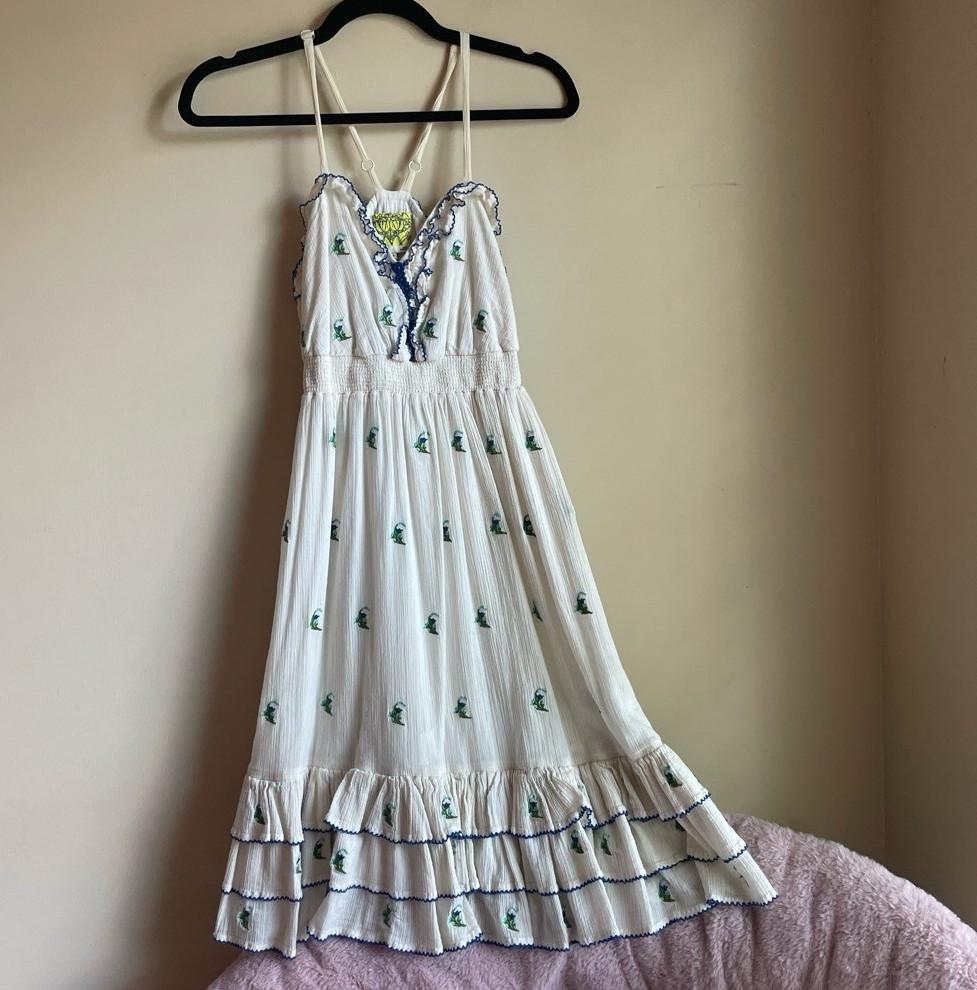 Floreat for Anthropologie Cotton Floral Embroidered Smocked Ruffle Midi Boho 4