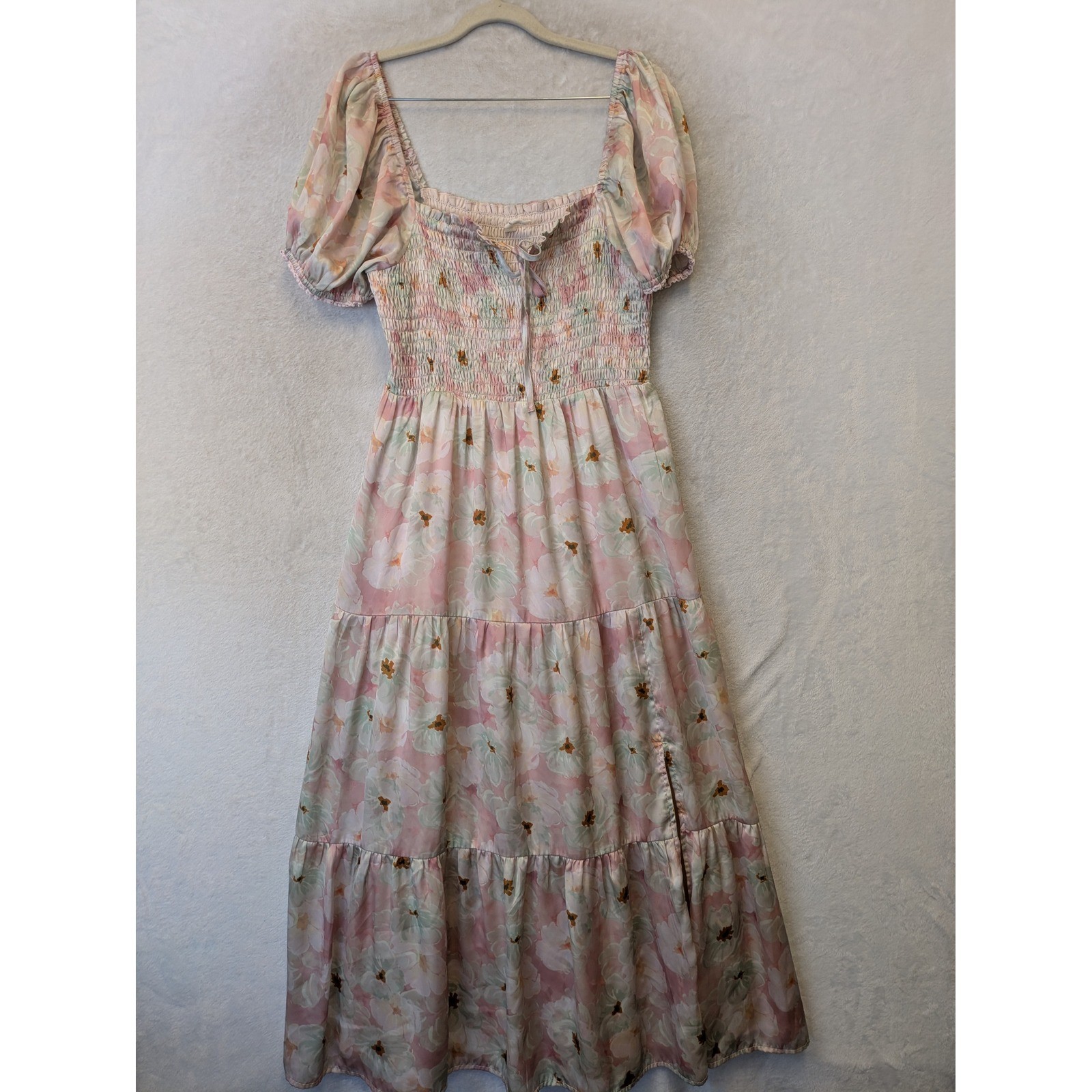 Logan Rae x ROOLEE Pink Floral Smocked Maxi Dress Puff Sleeve Tiered Size M