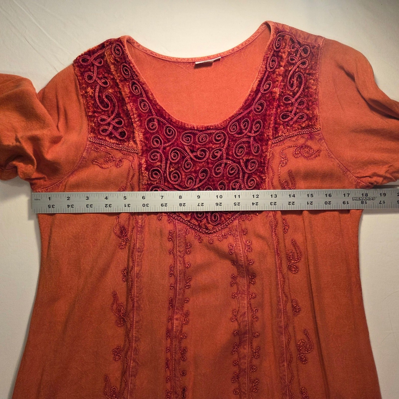 Women’s Tunic Boho Shirt Dress Size S/M Embroidery Tie Waist 3/4 Sleeves Hippie
