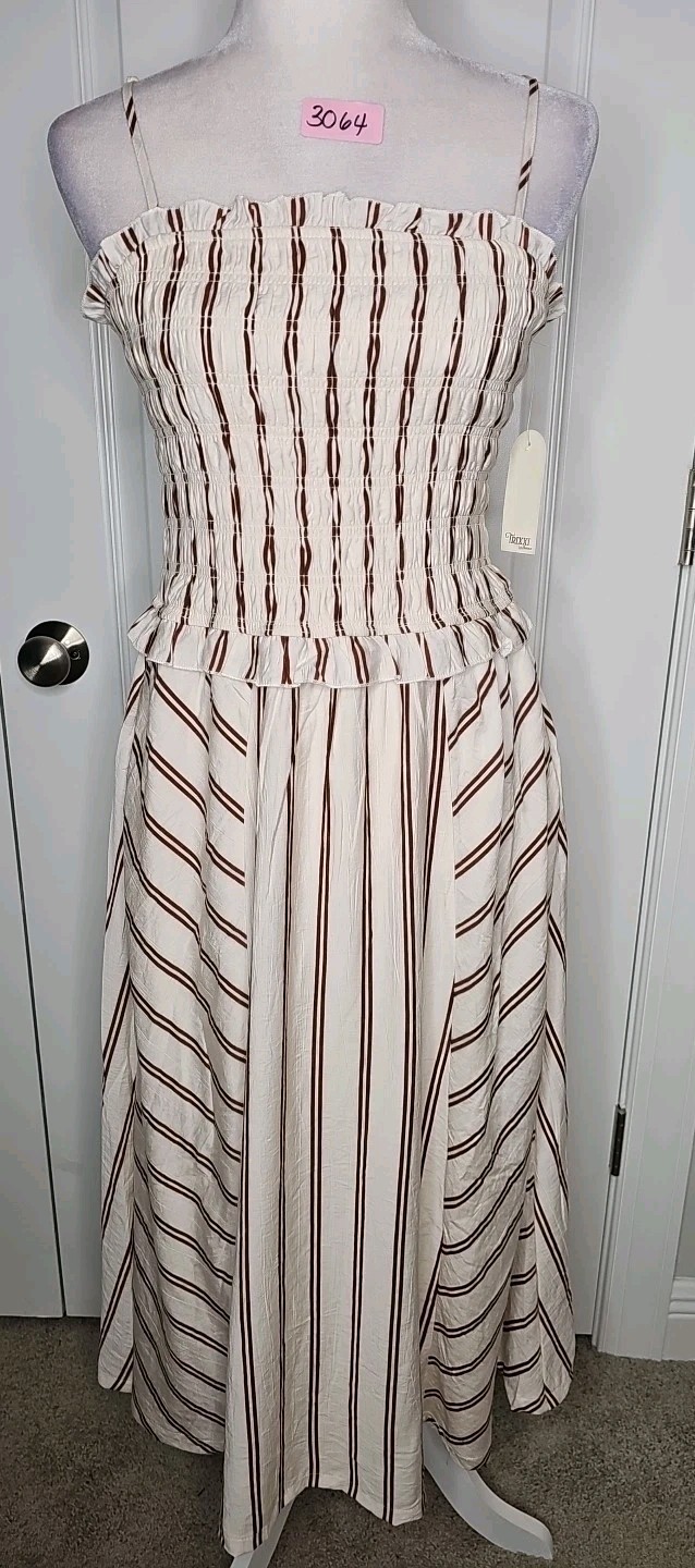 NWT TRIXXI Camisole Smocked Elastic Bodice Stripe Pattern Midi Dress Sz Large