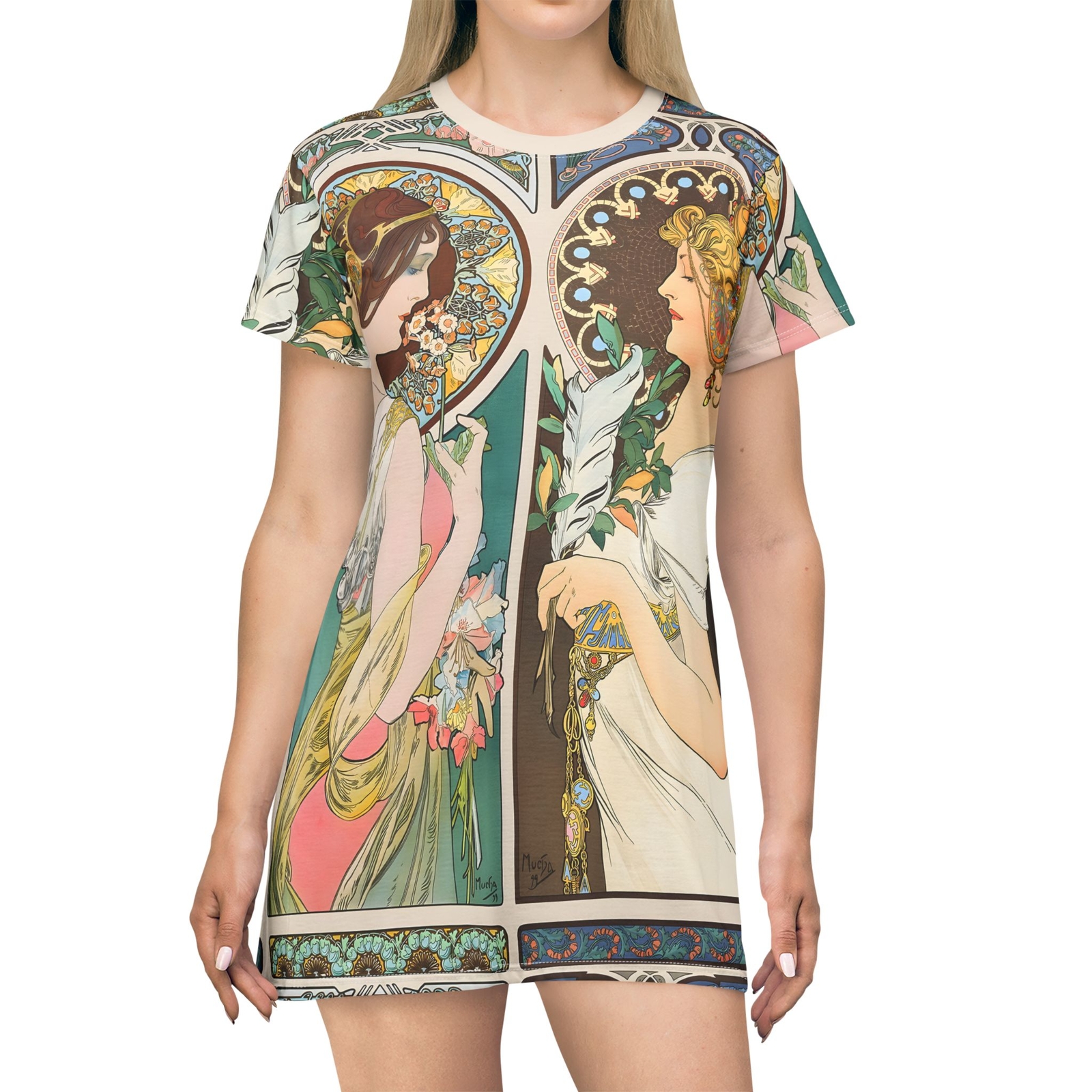 Alphonse Mucha Primrose & Feather T-Shirt Dress Artsy Fine Art Nouveau Apparel