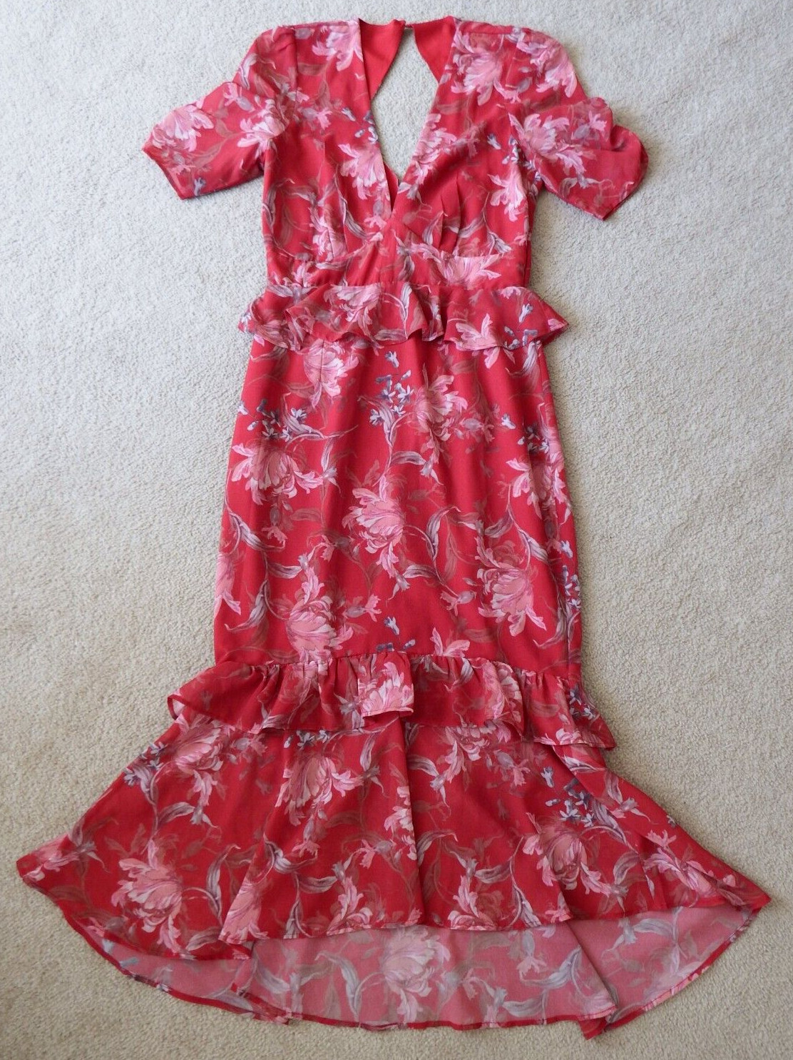 1940s Red Floral Dress Hope & Ivy Midi Pencil Tea Dress Peplum Frill Size 8