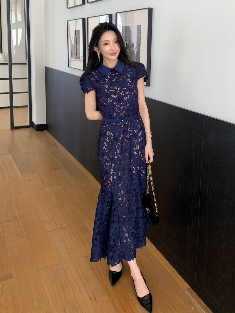 Self-Portrait Flip collar Short sleeves Dark blue Embroidery Fishtail Dress