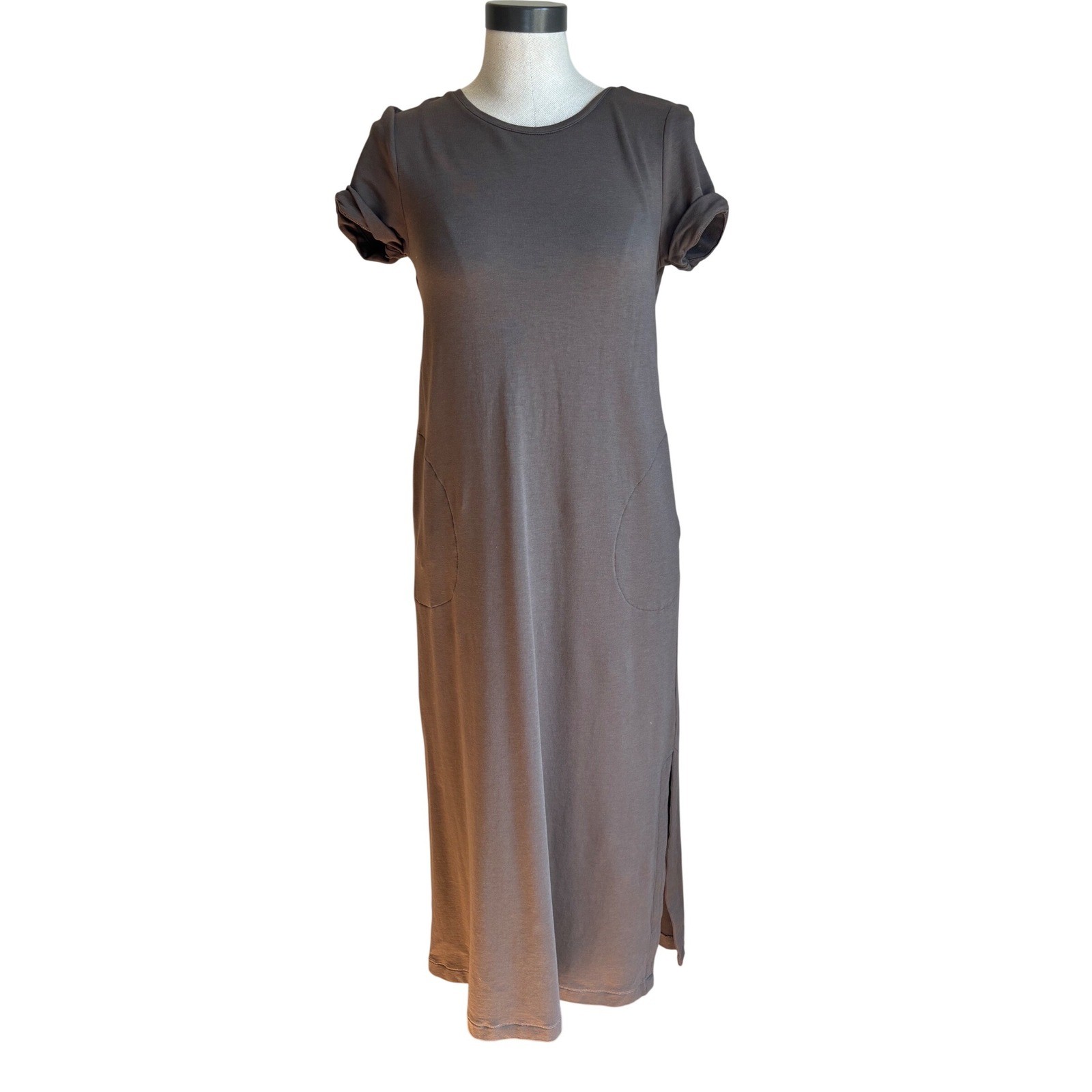 Eileen Fisher Pima Cotton Tencel Modal Midi Dress Brown Pockets RN 97641 Small