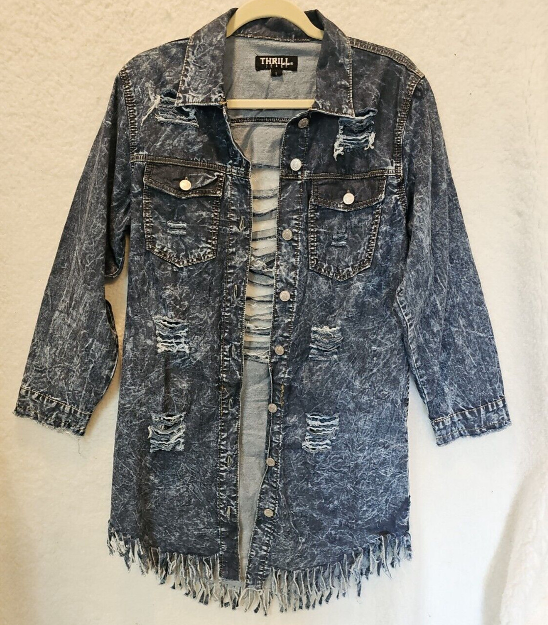 THRILL WOMEN’S SHIRT DRESS CASUAL BUTTON UP DENIM DISTRESSED JACKET SIZE LARGE
