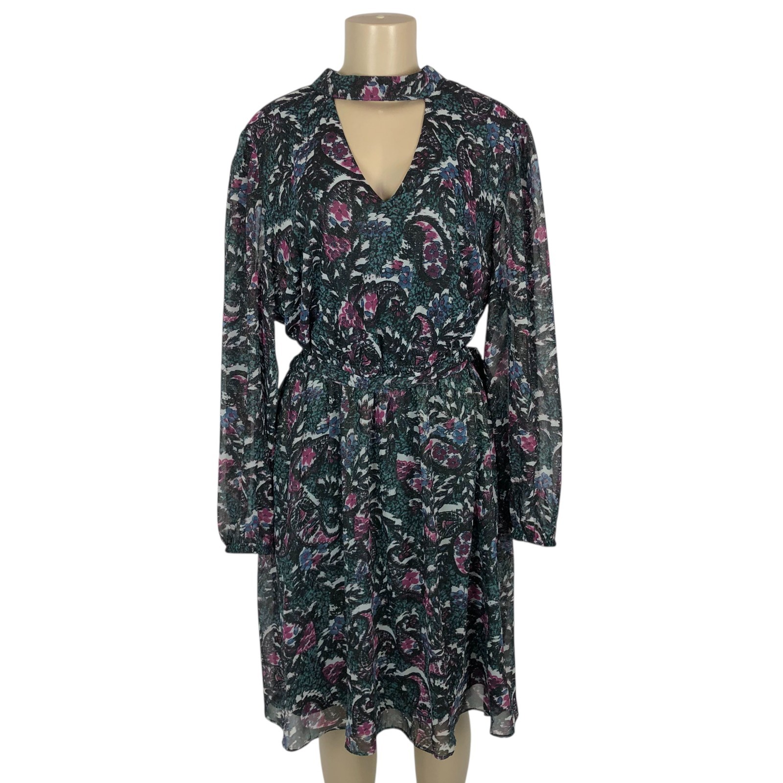 Lane Bryant Multicolor Print Belted A-Line Dress Size 16 Keyhole V-Neck Floral