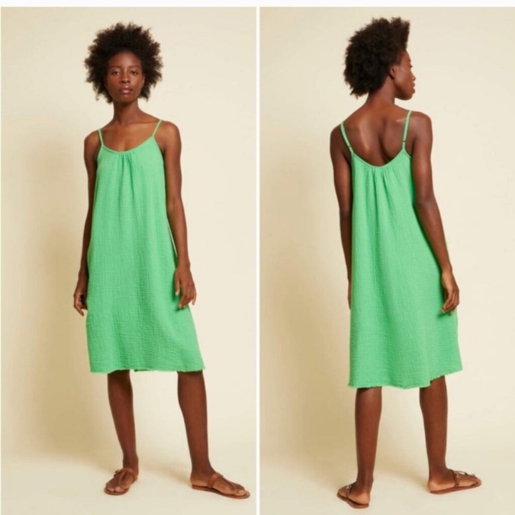 Nation LTD Adele Midi Dress Gauzy Cotton Relaxed Summer Lime Green Size XS