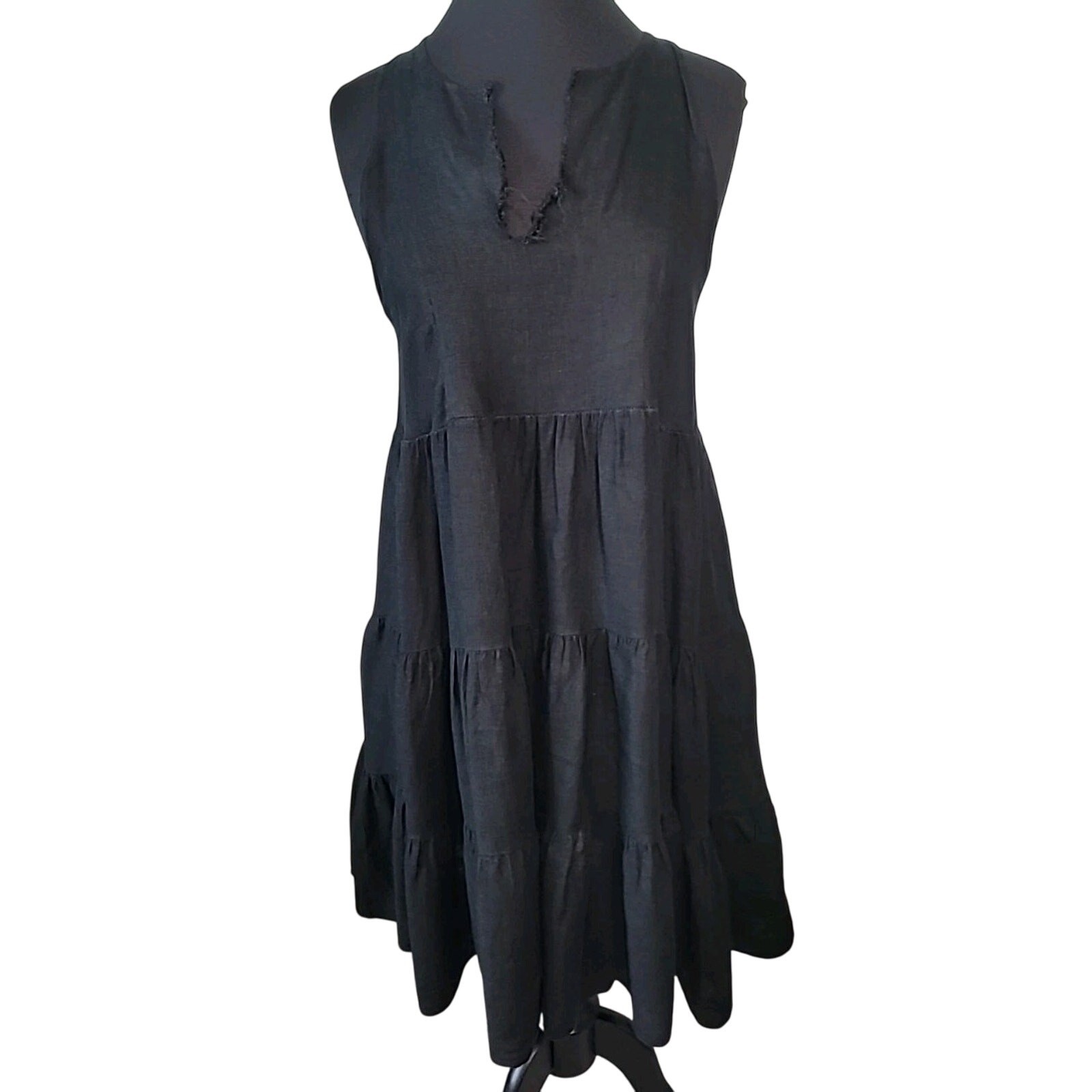 Black Linen Peplum Tiered Midi Dress Boho M Euro Minimal Resort Effortless