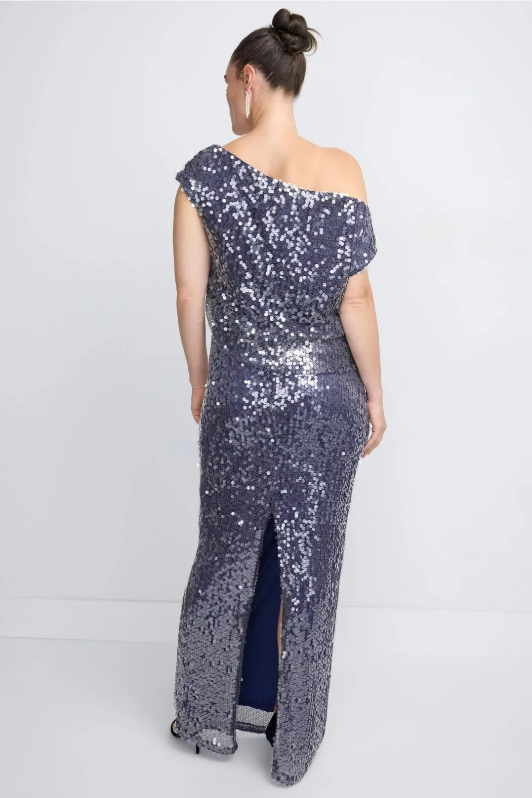 One33 Social Asymmetrical Shoulder Maxi Gown Navy Sequin Blouson sz 4 Club Gala