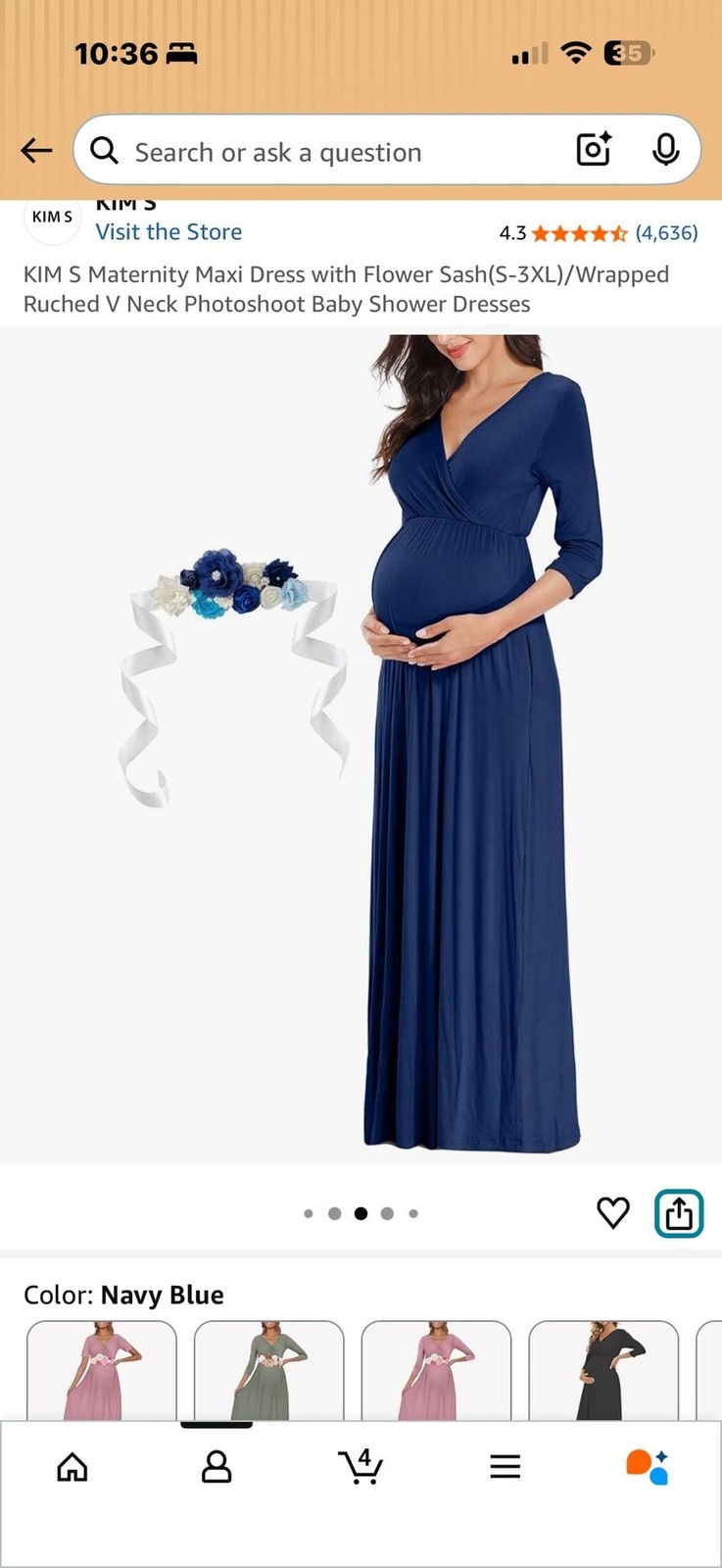 KIM S Navy Blue Maternity Maxi Dress with Flower Sash, Size L