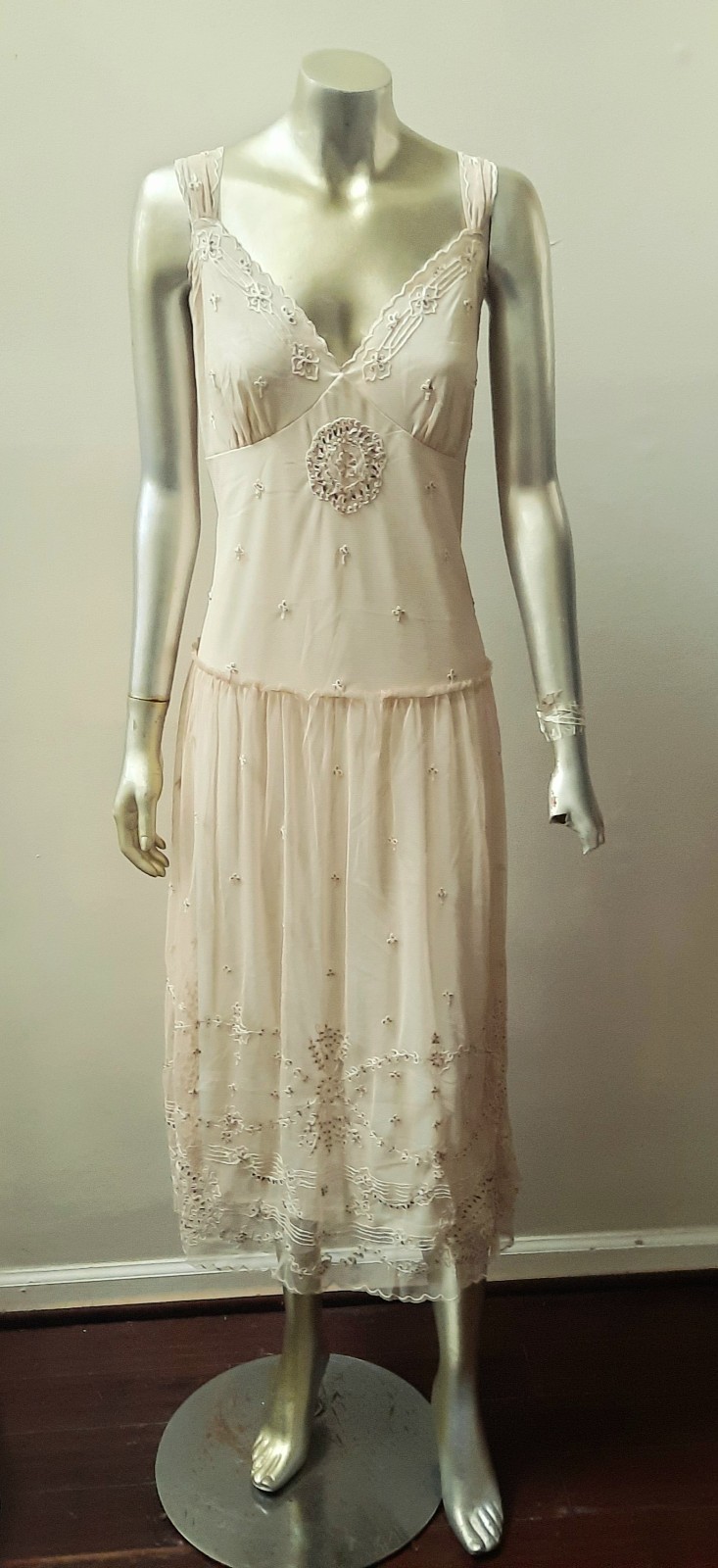 NWOT NEWPORT NEWS NUDE MESH FAIRY ETHEREAL APPLIQUES BEADED Y2K SLIP DRESS XL
