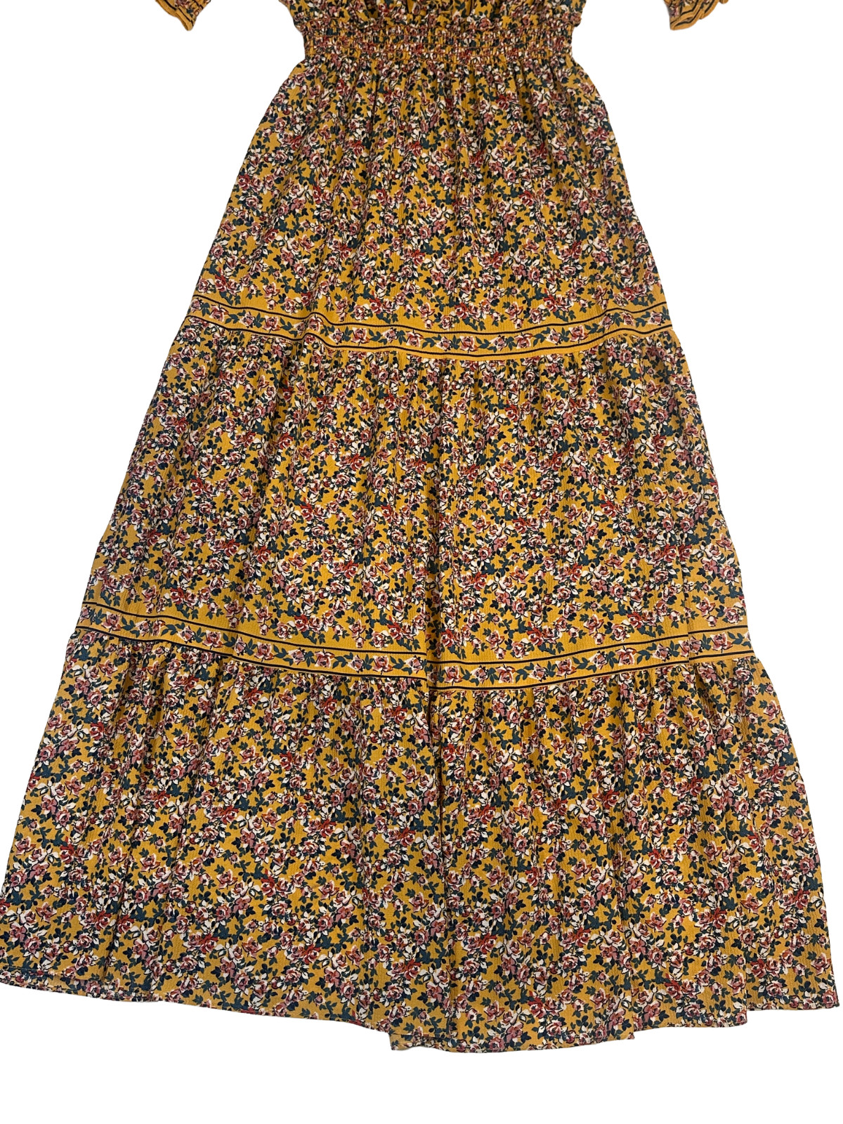 Max Studio Maxi Dress Small Mustard Floral Smocked Waist Tiered Boho Sleeve EUC