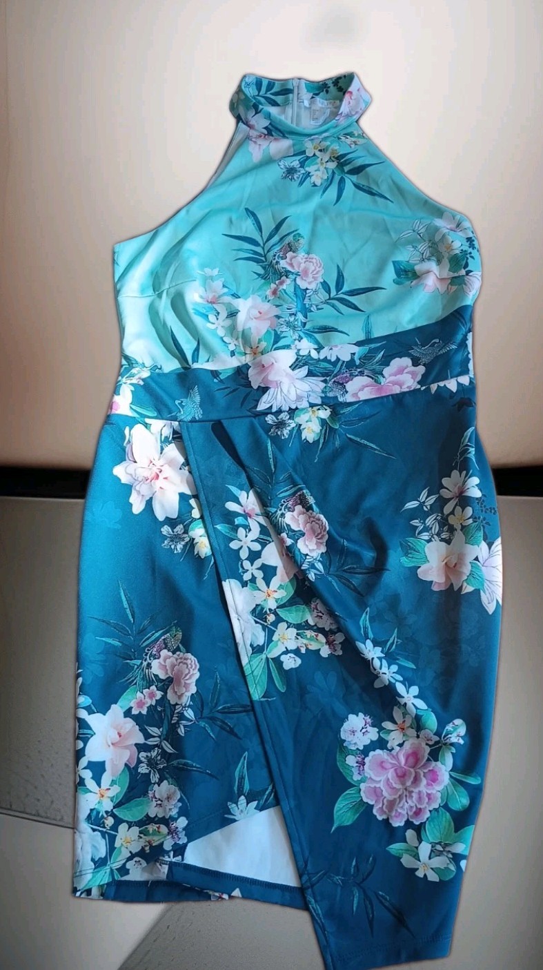 VENUS Halter Dress. Blue, Turquoise And Pink, Size L
