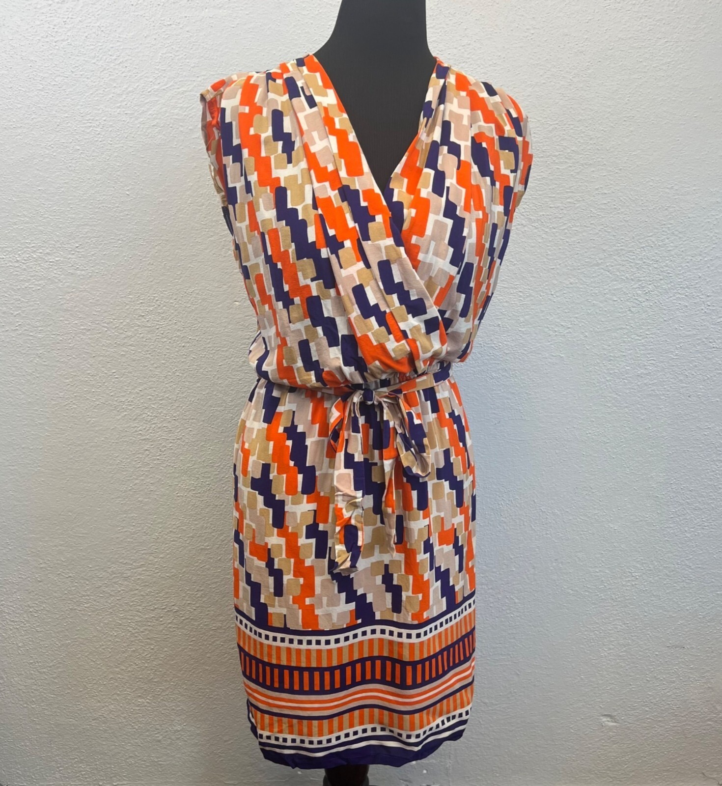 Presley Skye Women’s 100% Silk Geometric Print Faux Wrap Dress Size PS