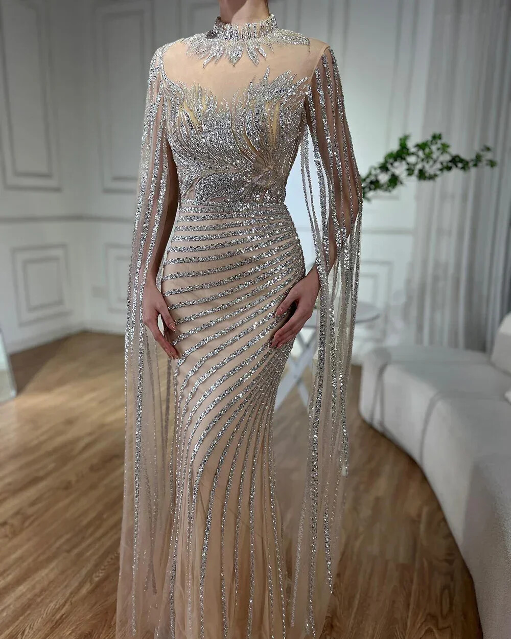 Mermaid Angular Sleeve Lace Bead Evening Dress Sweeping Train Prom Ball Gown