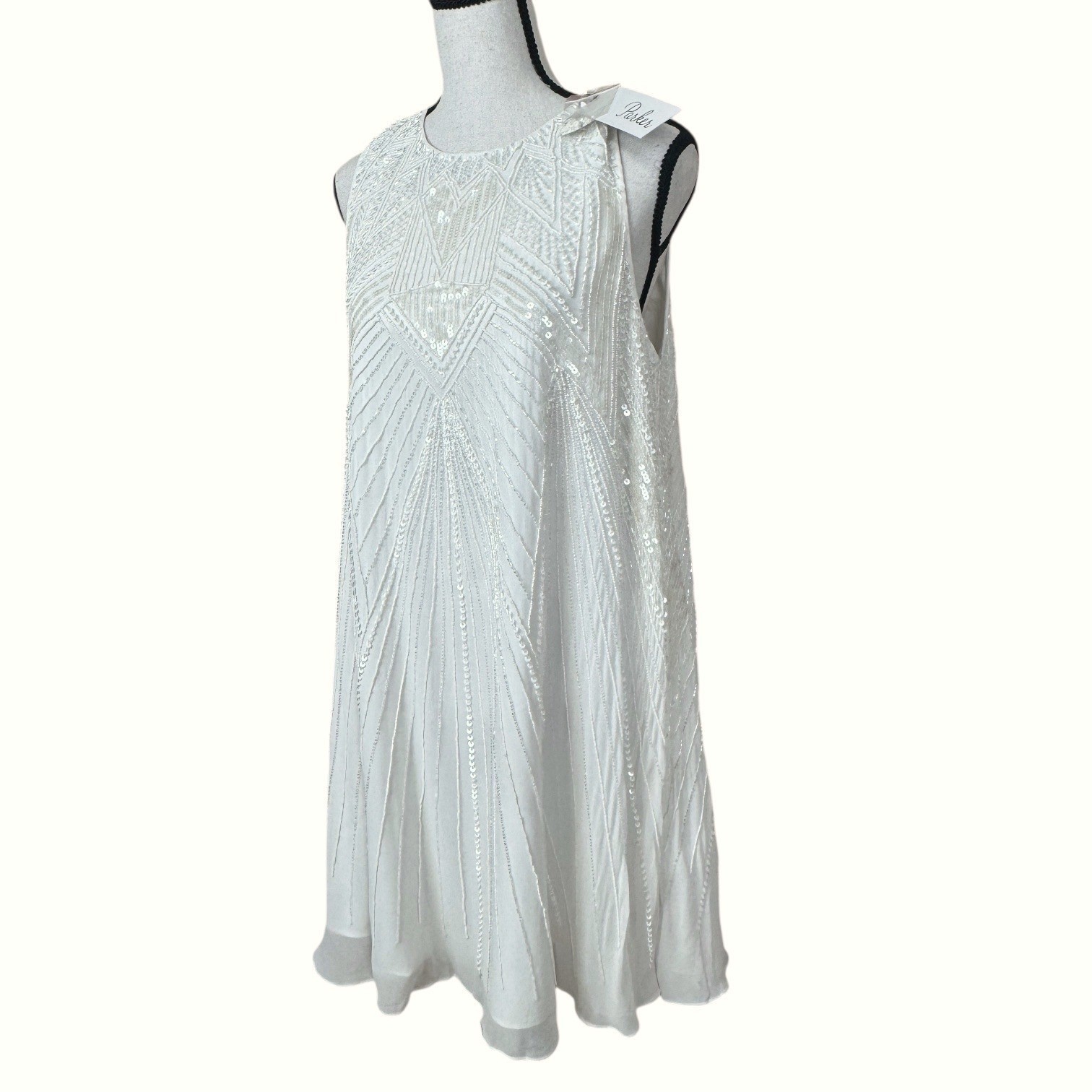 Women’s Sequin Beaded Shift Dress Parker Size M White Art Deco Bridal Formal NWT