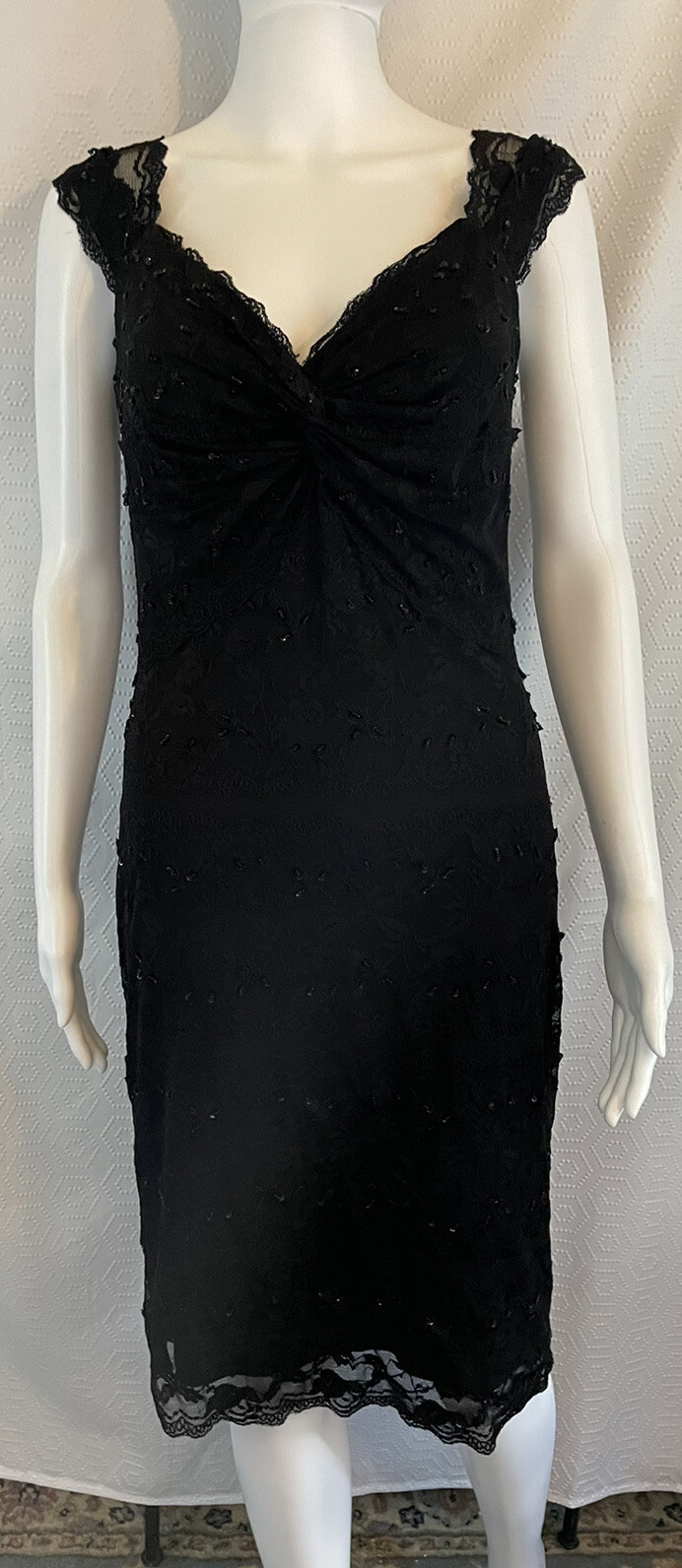 Marina Floral Lace Sequin Black Fitted Cocktail Dress Womens 4 Beaded