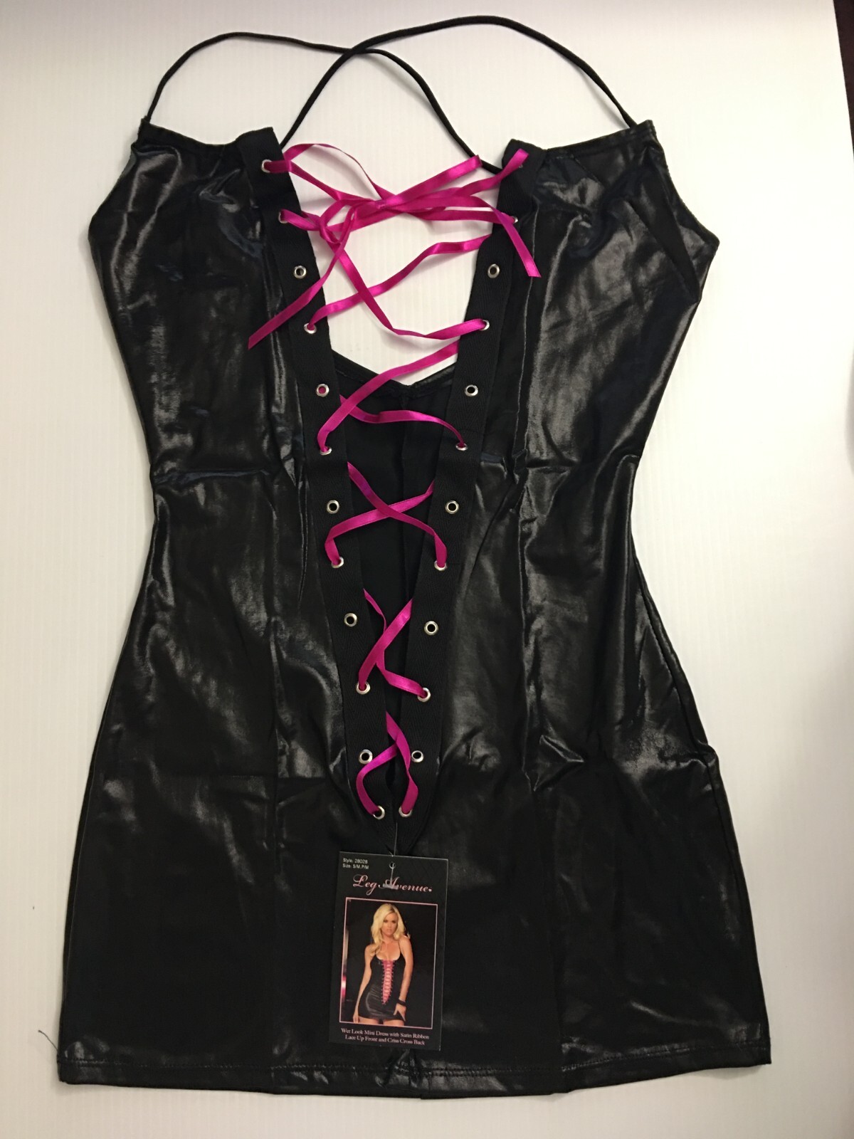 Leg Avenue Wet Look Mini Dress Satin Ribbon Lace Up Front Size S/M, P/M