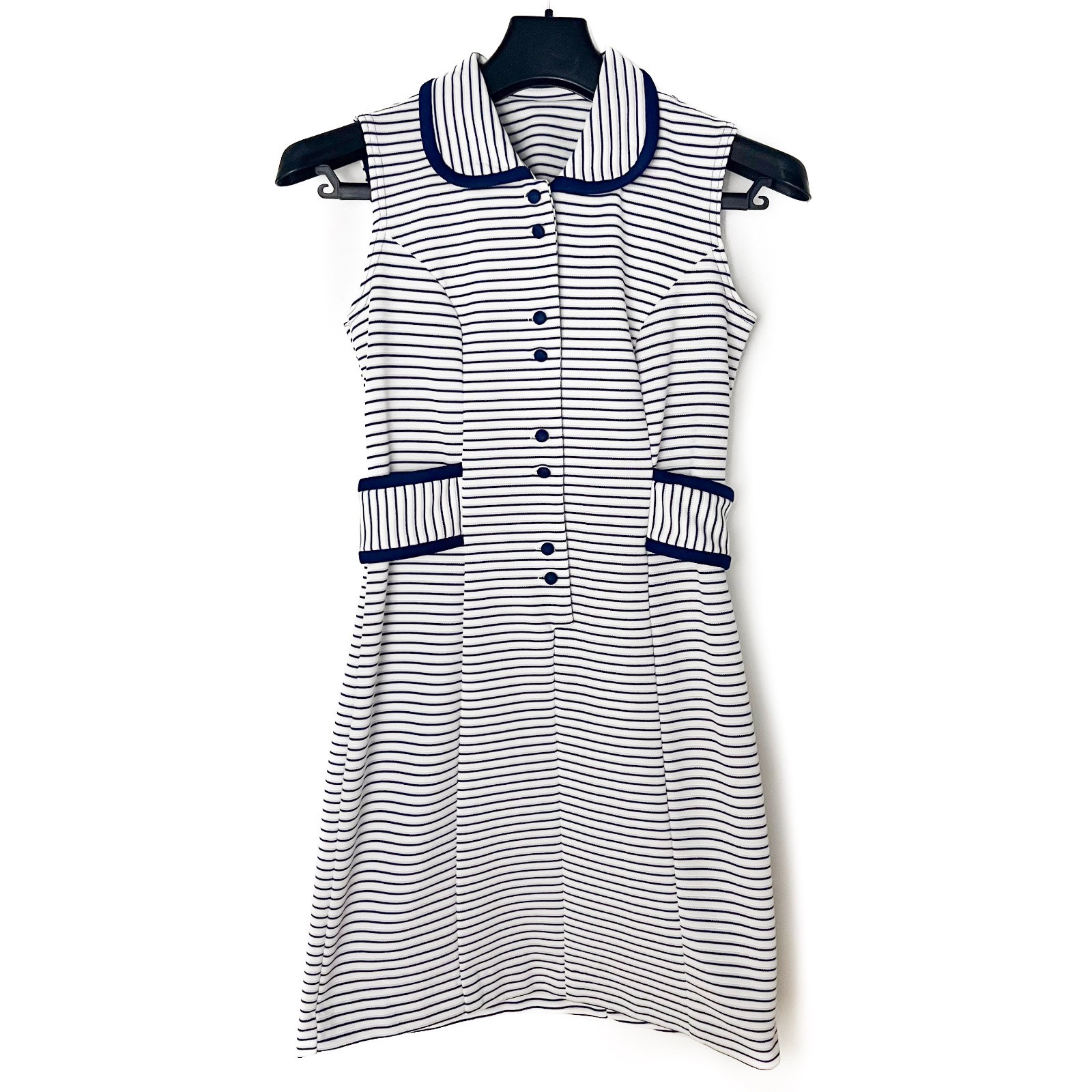 Vintage Navy White Striped Polo Dress Retro Mod Preppy Golf Tennis Nautical Sz S