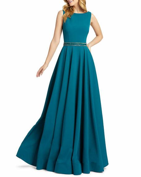 IEENA by MAC DUGGAL Teal Blue Green Beaded Waist A-Line Maxi Gown Dress 6 = S