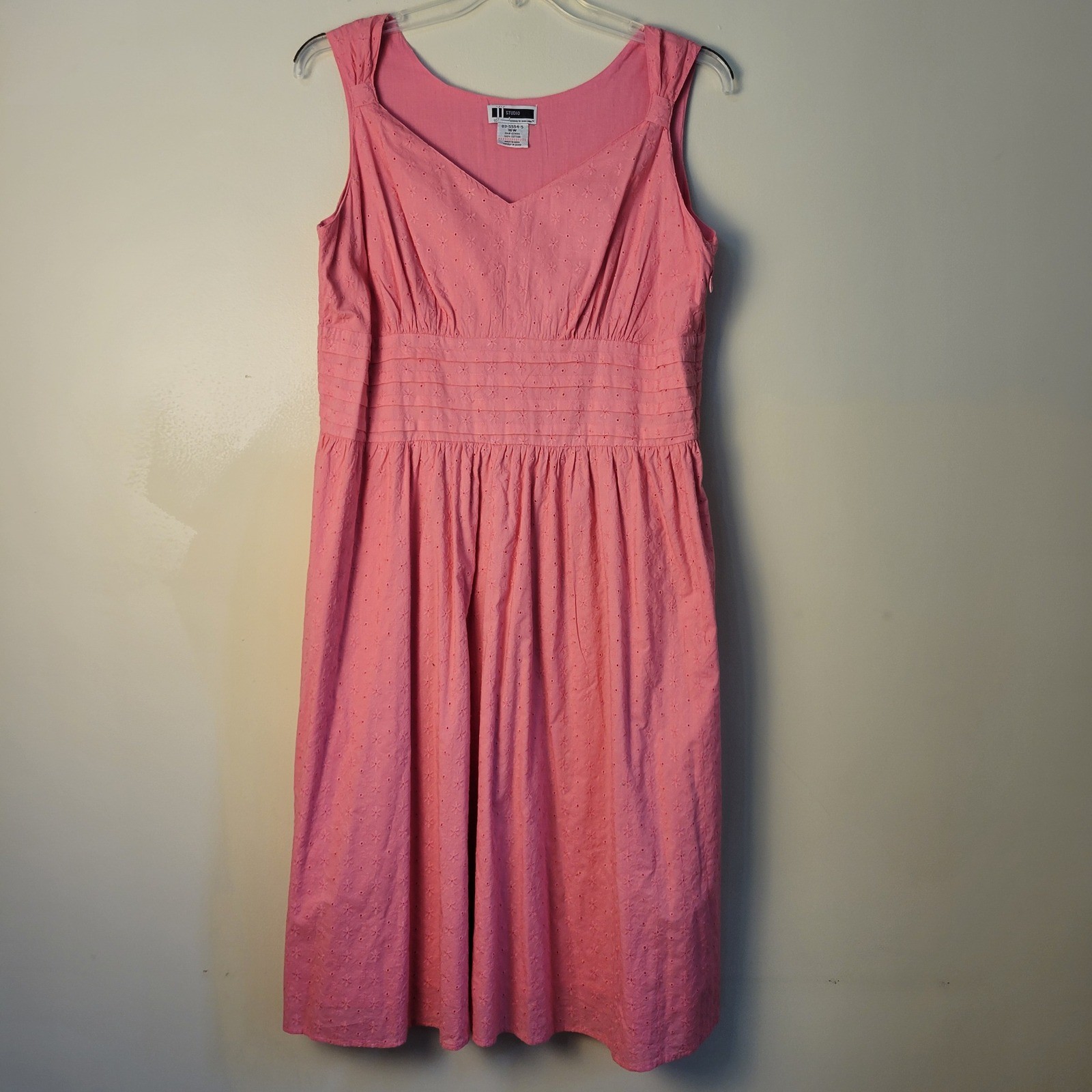 JL Studio Pink Eyelet Cotton Sleeveless Midi Dress Plus Size 16W V-Neck