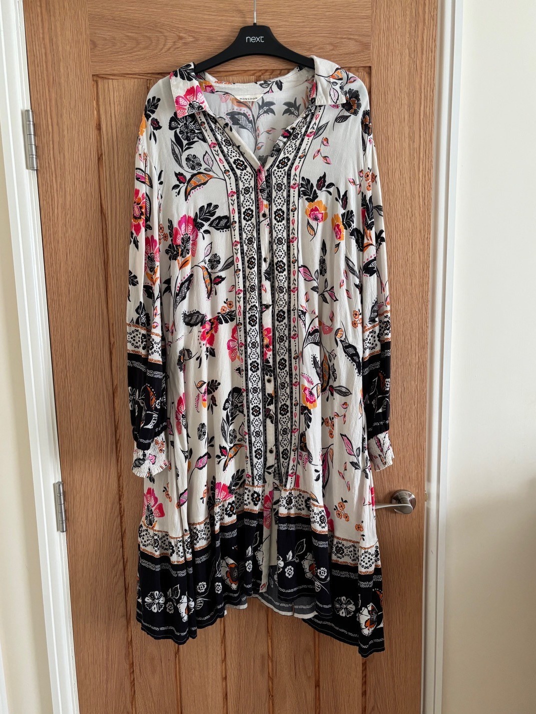 Monsoon Cream & Black, Pink Floral Print Shirt Dress with Camisole, Size XL, 20