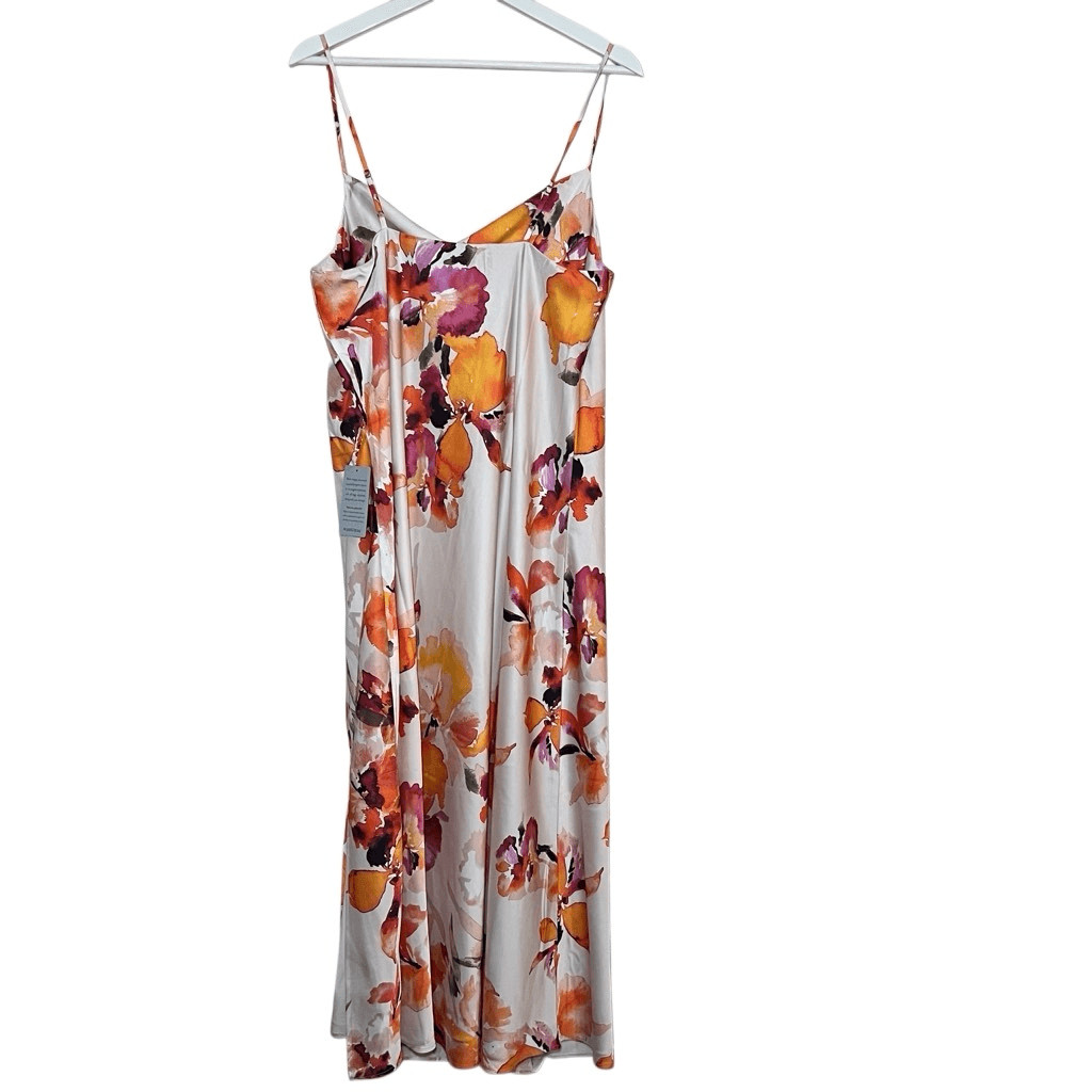 NWT Socialite Satin White Orange Floral Print Cowl Neck Midi Slip Dress XL